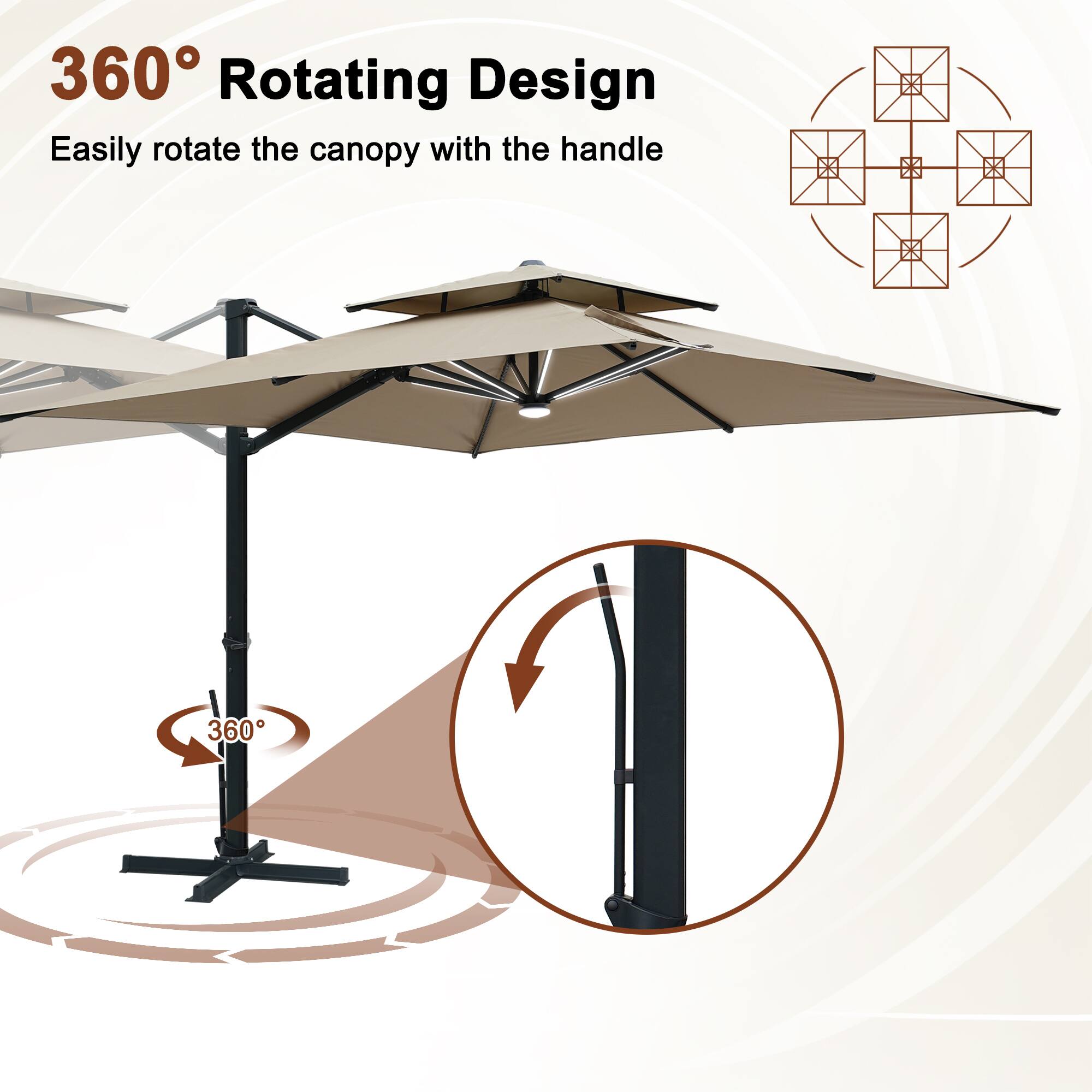 360° Rotating Design  
Easily rotate the canopy with the handle