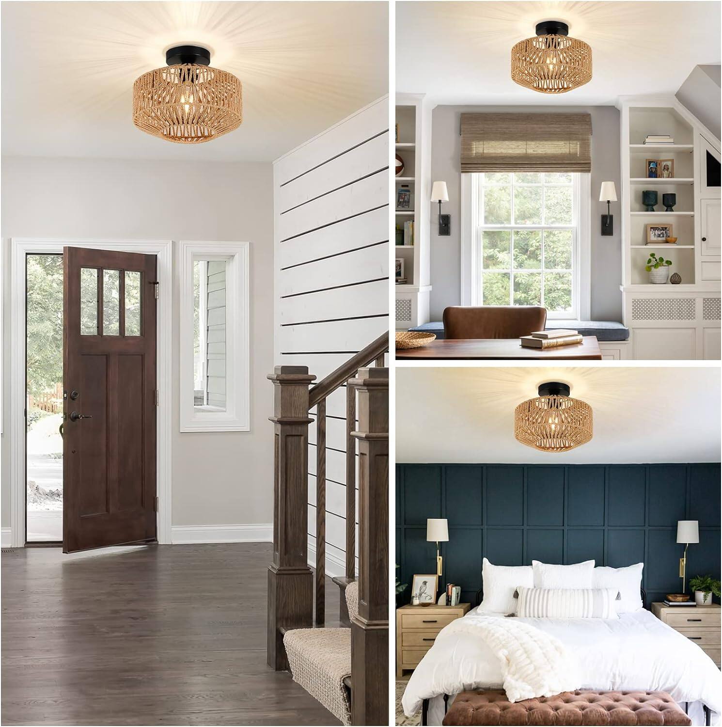 Alt View 5. MERAVOM - Boho Light Fixtures, Farmhouse Rattan Ceiling Light, Flush Mount with Hand-Woven Shade,Modern Chandelier for Living Room - Brown.