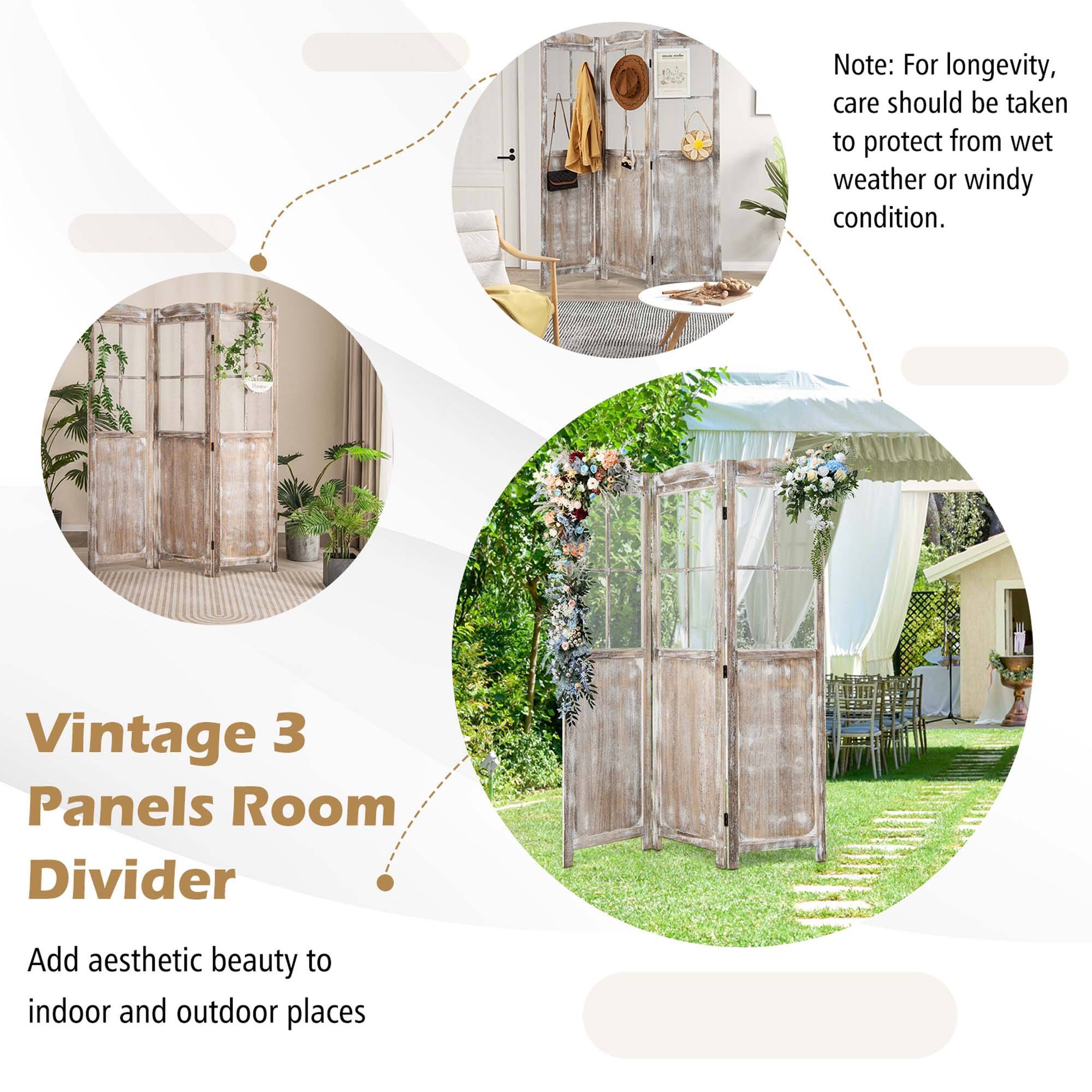 Note: For longevity, care should be taken to protect from wet weather or windy condition.

Vintage 3 Panels Room Divider

Add aesthetic beauty to indoor and outdoor places