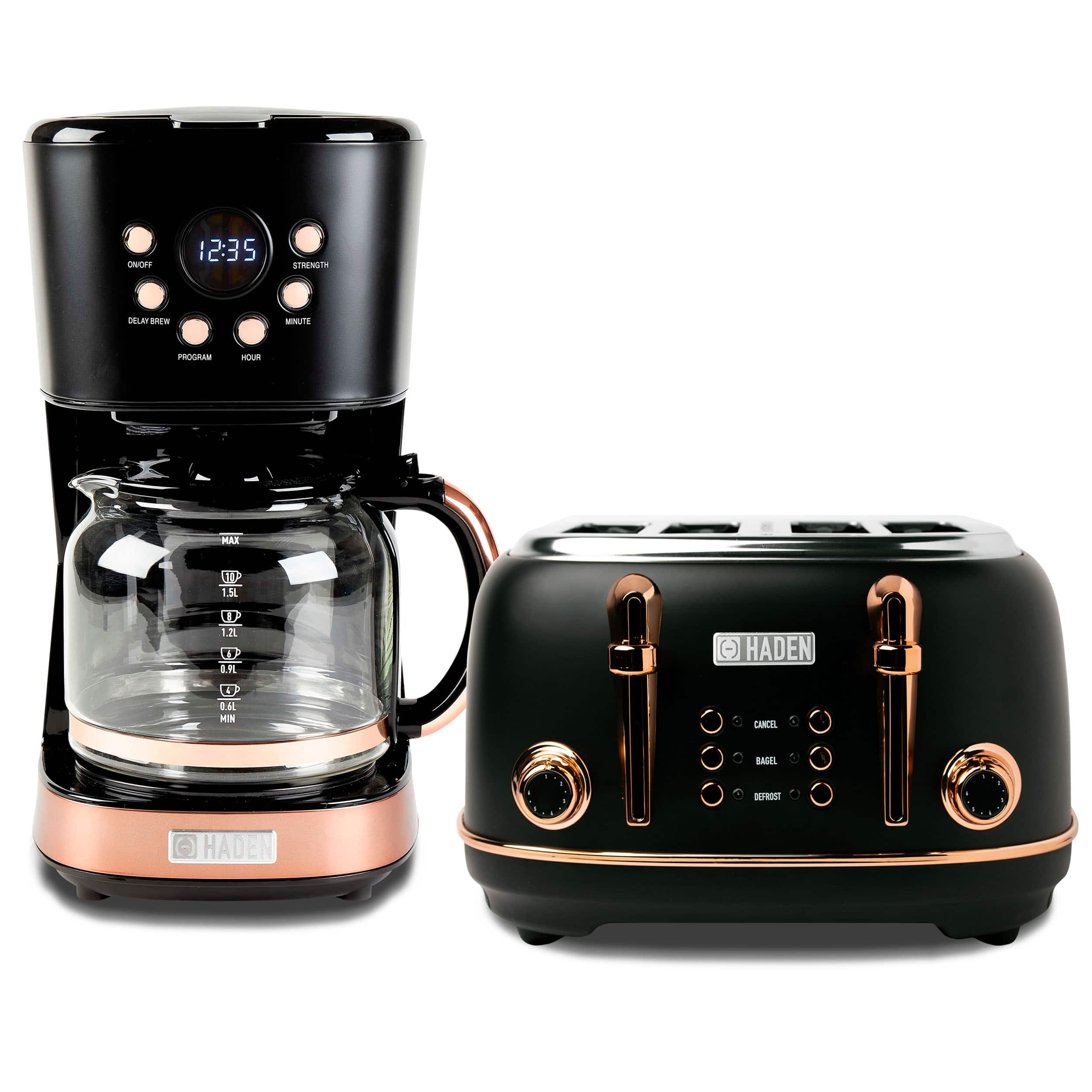 Haden - Heritage 4 Slice Wide Slot Toaster & 12 Cup Coffee Maker, Black & Copper - Black/Copper