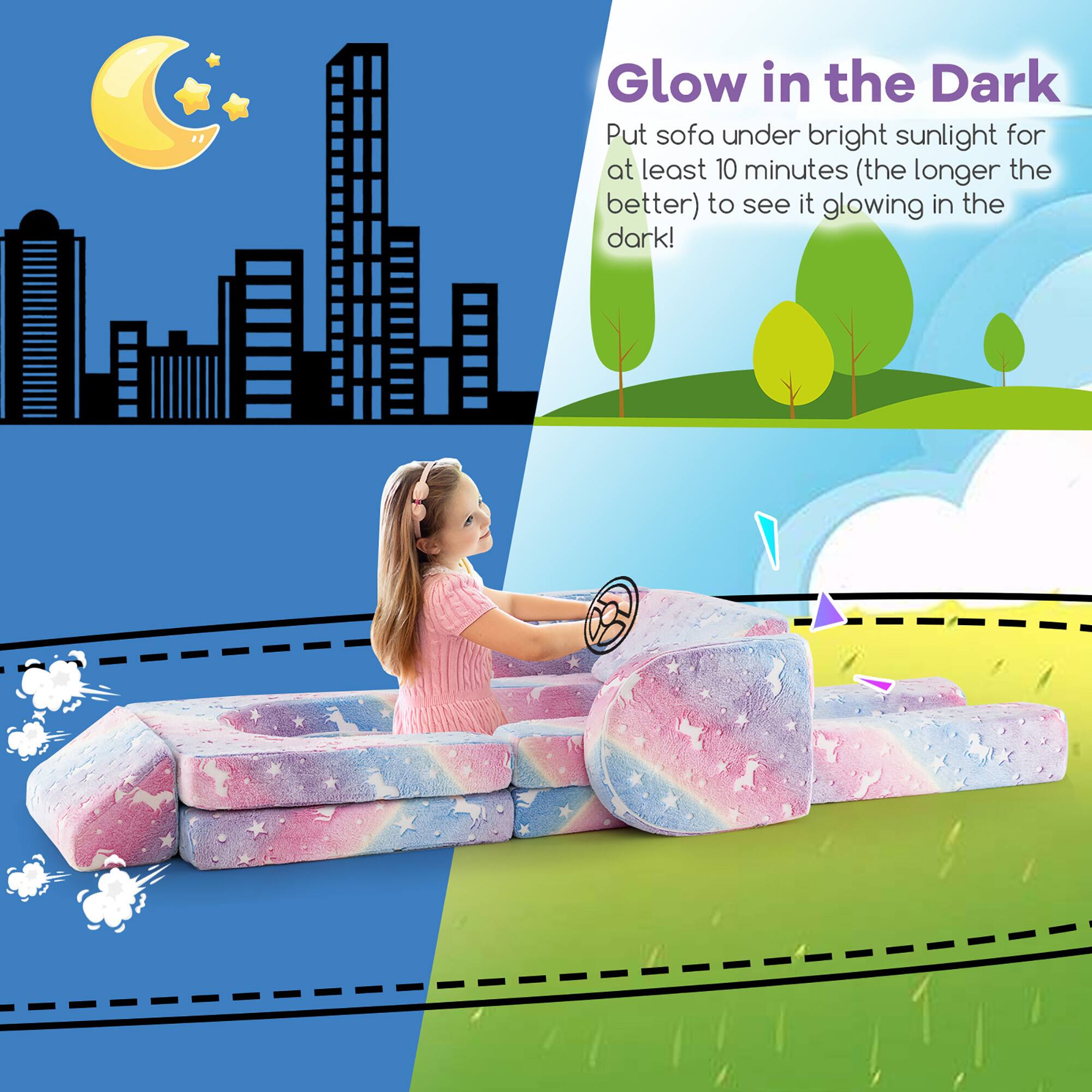Glow in the Dark

Put sofa under bright sunlight for at least 10 minutes (the longer the better) to see it glowing in the dark!