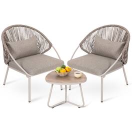 Nuu Garden - 3PCS PE Wicker Patio Bistro Set with Zippered Cushions, Wood-Grain Tabletop - Grayish Brown