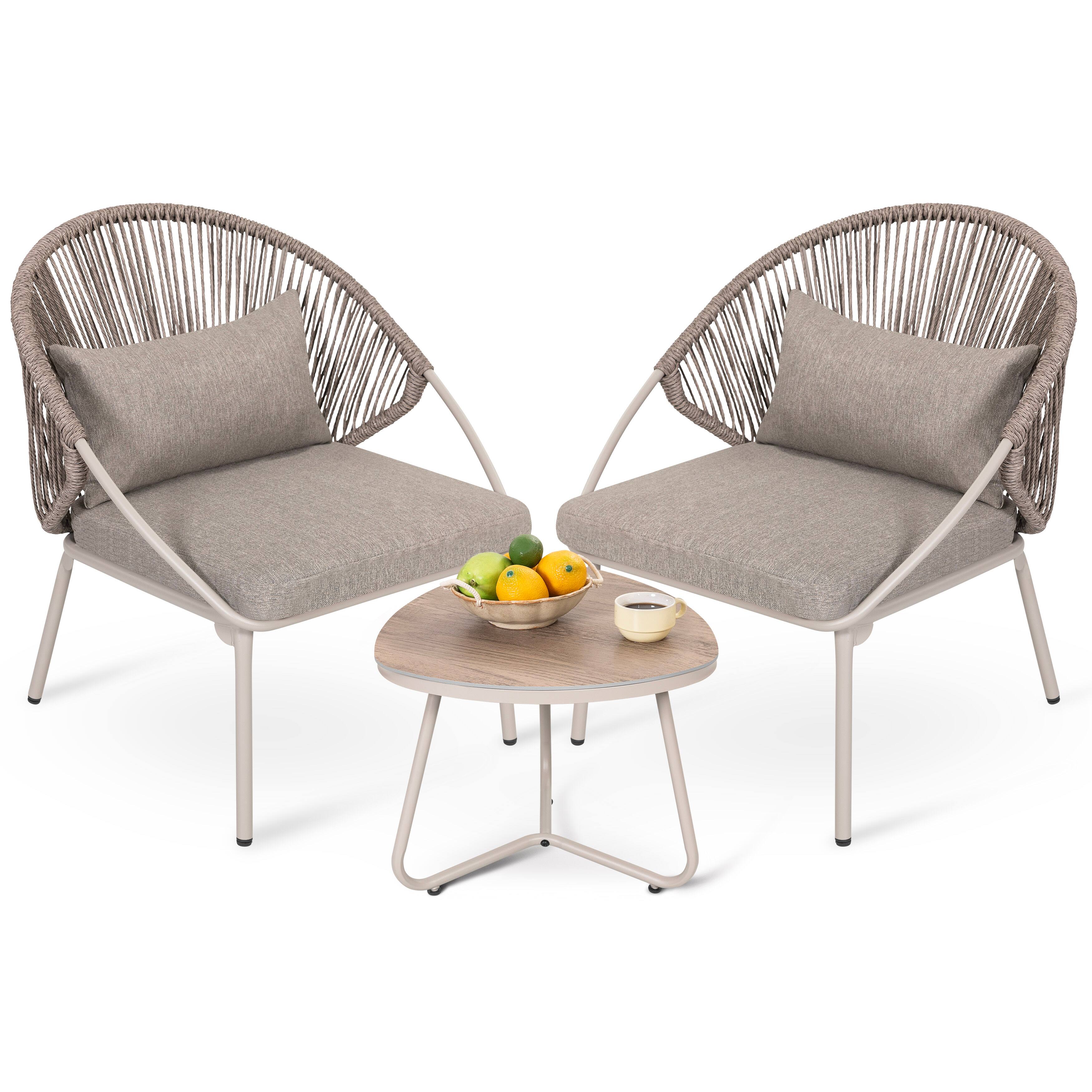 Front. Nuu Garden - 3PCS PE Wicker Patio Bistro Set with Zippered Cushions, Wood-Grain Tabletop - Grayish Brown and White.