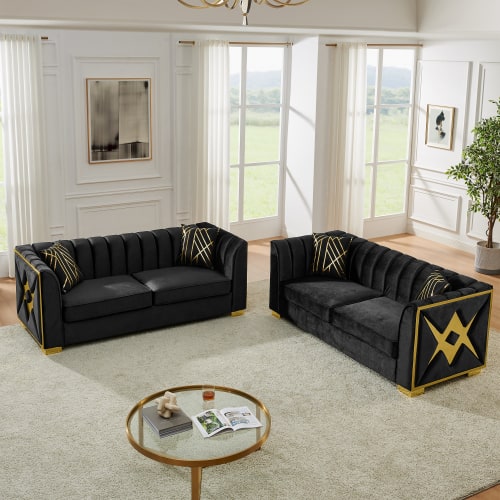 Anysun - 81" 3-Seat Velvet Chesterfield Sofa - Button Tufted, Gold Stainless Steel Accents, Includes 2 Pillows - Black