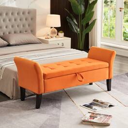 Ropilly - 51.5" Tufted Velvet Storage Bench, Upholstered End of Bed Ottoman with Curved Arms for Bedroom & Entryway - Orange