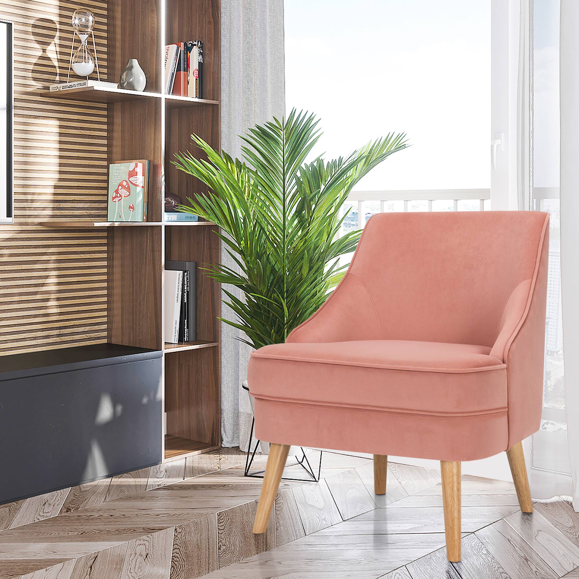 Alt View 12. Costway - Velvet Upholstered Accent Chair with Rubber Wood Legs - Pink.