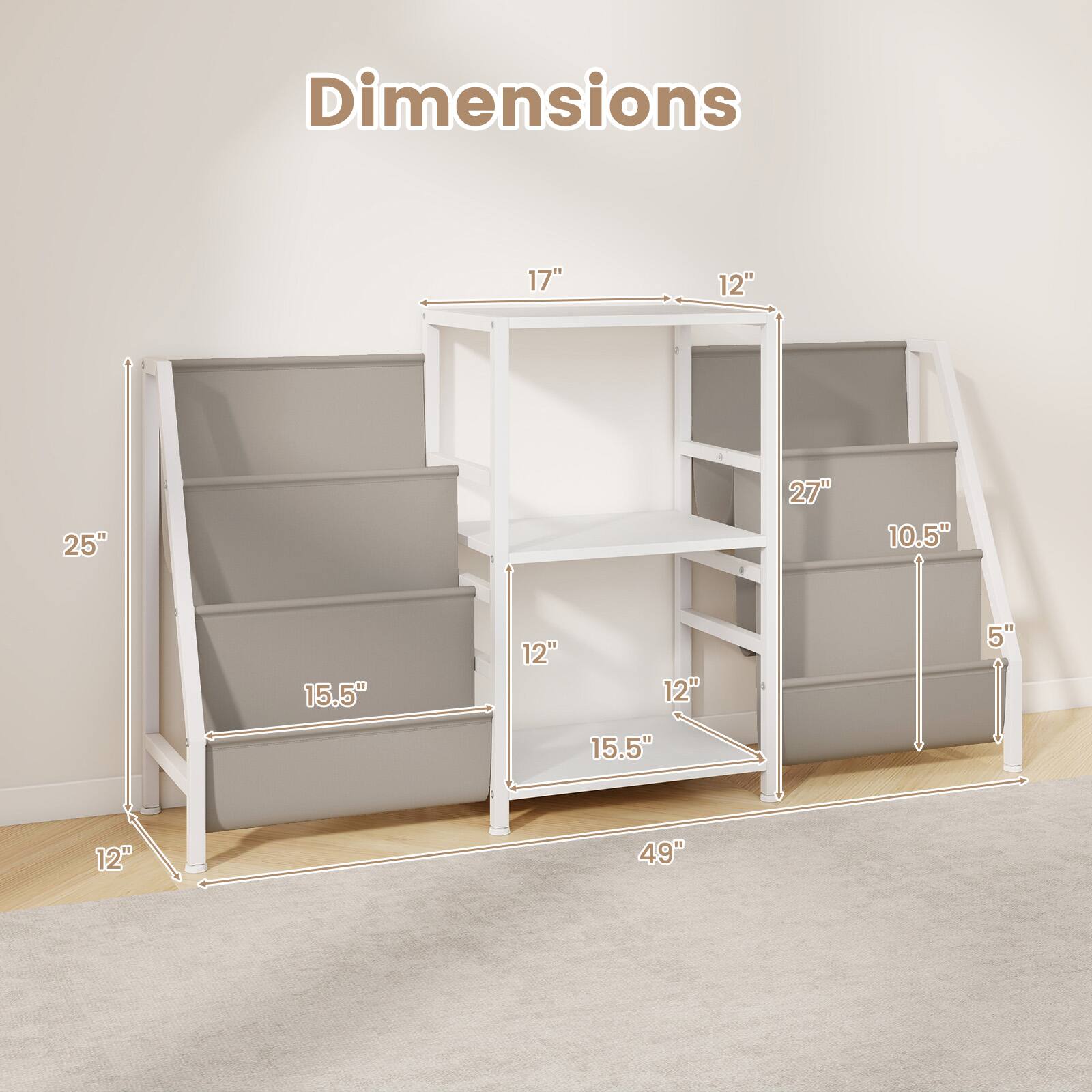 Dimensions:  
- Width: 49"  
- Height: 25"  
- Depth: 17"  
- Shelf 1: 15.5" (depth) x 12" (width)  
- Shelf 2: 15.5" (depth) x 12" (width)  
- Shelf 3: 10.5" (depth) x 12" (width)  
- Shelf 4: 10.5" (depth) x 12" (width)  
- Shelf 5: 10.5" (depth) x 12" (width)  
- Shelf 6: 10.5" (depth) x 12" (width)  
- Shelf 7: 10.5" (depth) x 12" (width)  
- Shelf 8: 10.5" (depth) x 12" (width)  
- Shelf 9: 10.5" (depth) x 12" (width)  
- Shelf 10: 10.5" (depth) x 12" (width