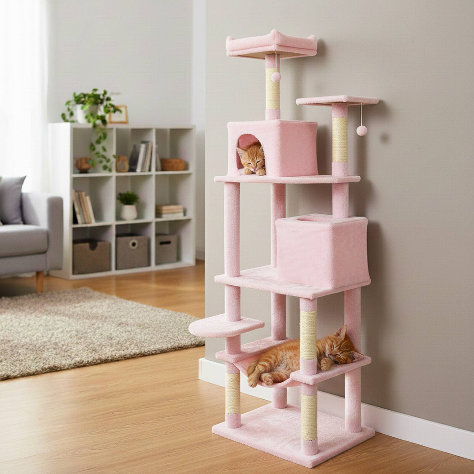 Alt View 1. Costway - Costway 70" Cat Tree for Indoor Cats with Padded Top Perch, Dual Condos, Hammock, Platforms - Pink.