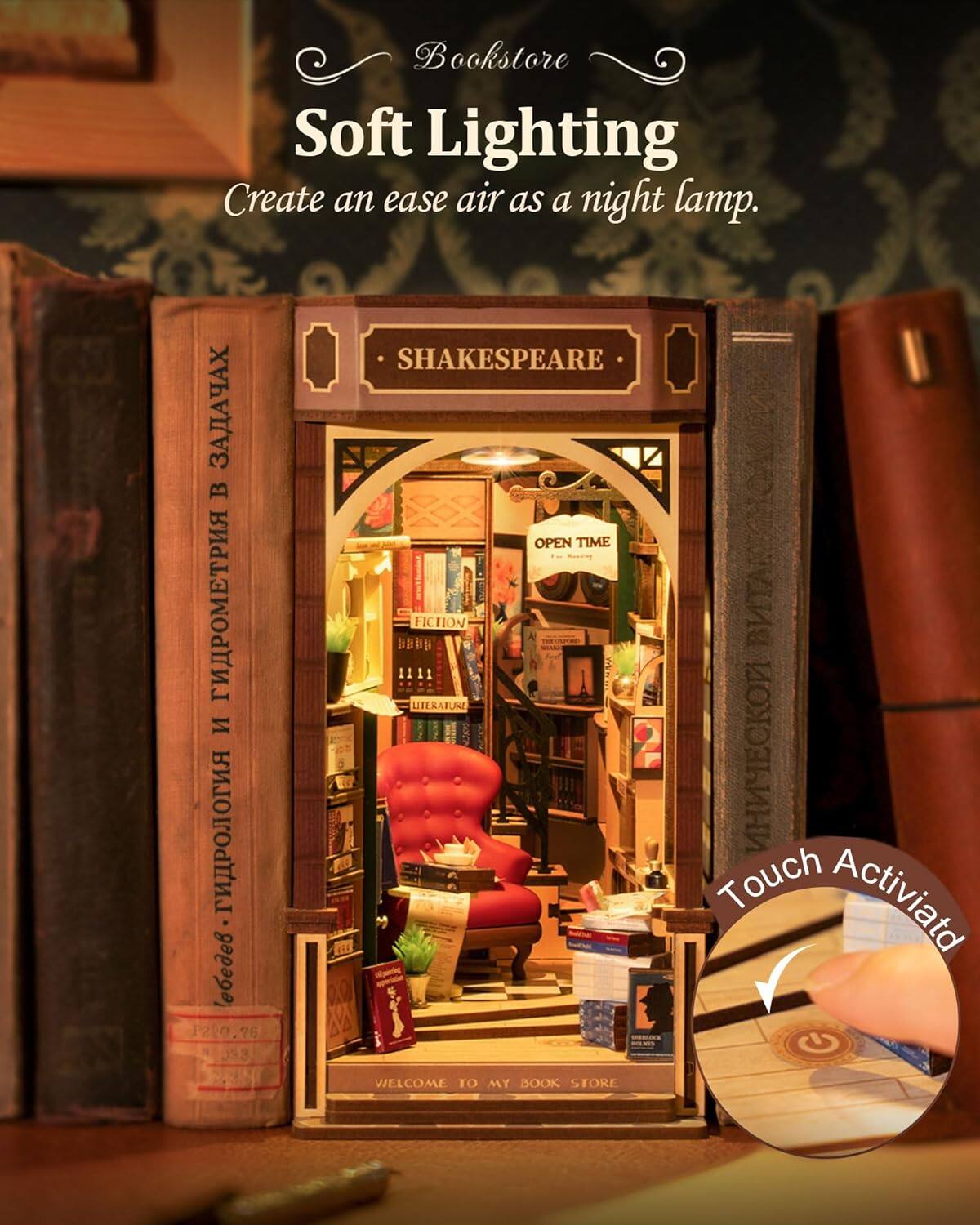 Bookstore Soft Lighting  
Create an ease air as a night lamp.  

F200.76 76 033  
SHAKESPEARE  
OPEN TIME  
FICTION  
WELCOME TO MY BOOK STORE  

Touch Activated