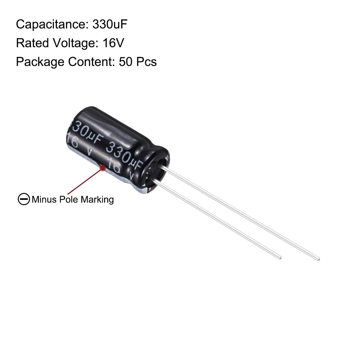 Capacitance: 330uF  
Rated Voltage: 16V  
Package Content: 50 Pcs  

Minus Pole Marking