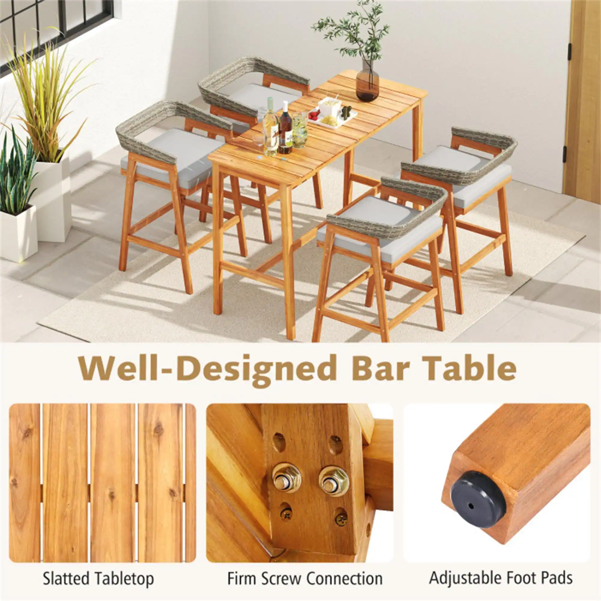 Well-Designed Bar Table

Slatted Tabletop

Firm Screw Connection

Adjustable Foot Pads