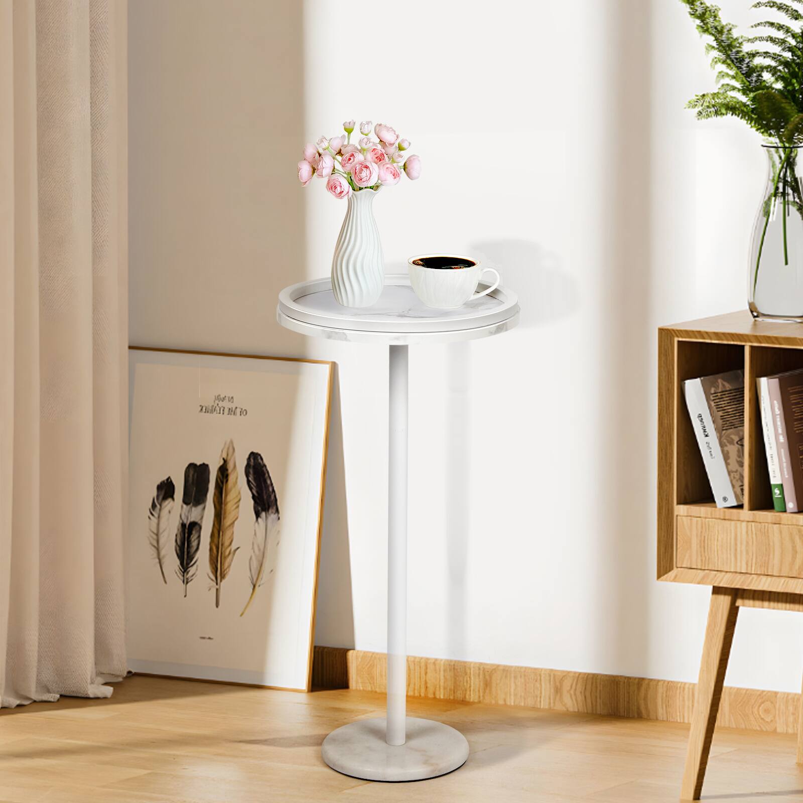 Back. Oumilen - White Marble Round Side Table with Raised Edge - White.
