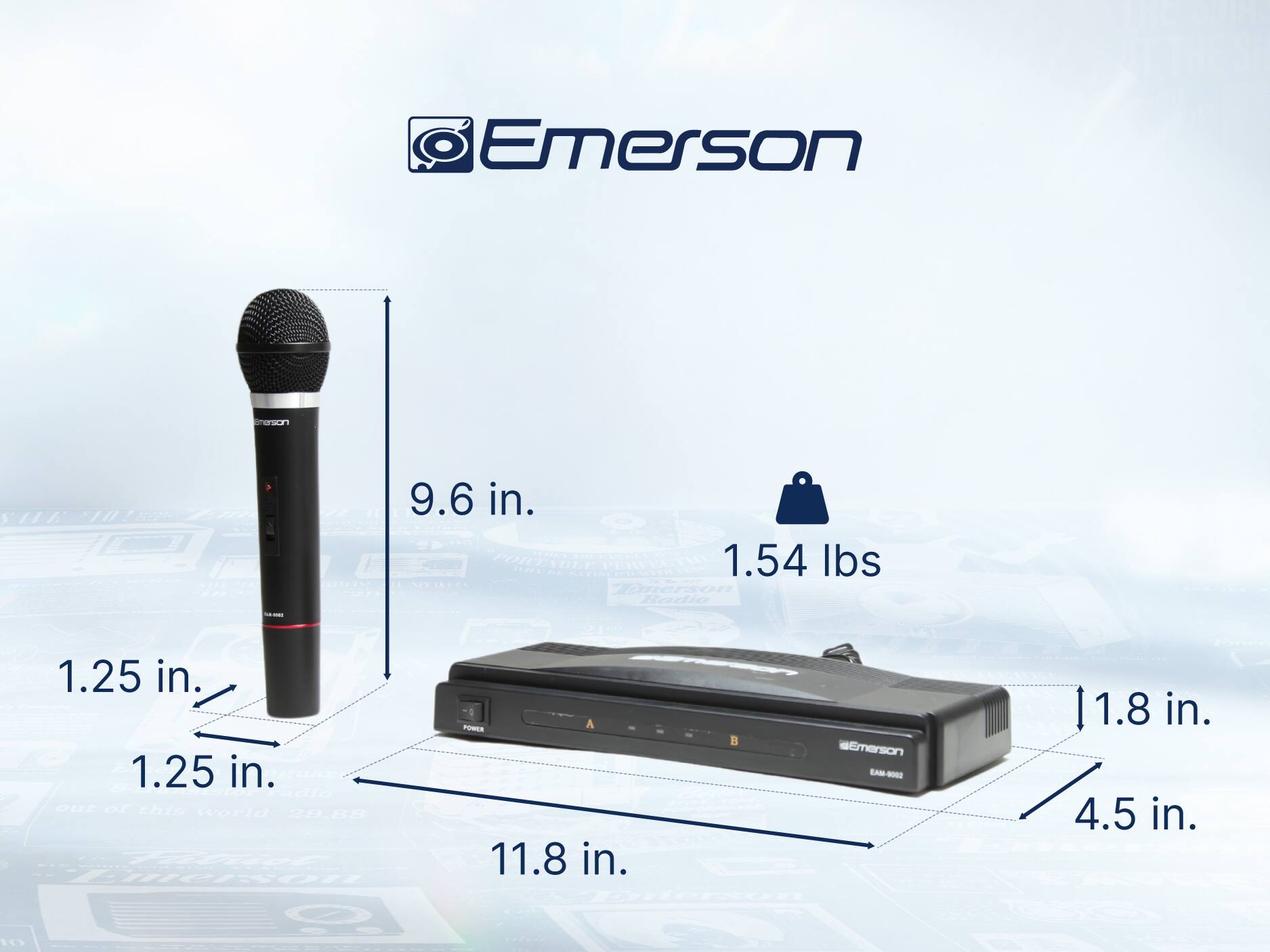 Emerson Fesun - - 9.6 in. PORTABLE 179 P  PERFECTIO  ee 1.54 Ibs  ierson Radio 1.25 in. 1.25 in.  OUT o CATA world 2988 - Emerson PORER  Emenson SAt- EAM 11.8 in.  I 1.8 in. 4.5 in. 10