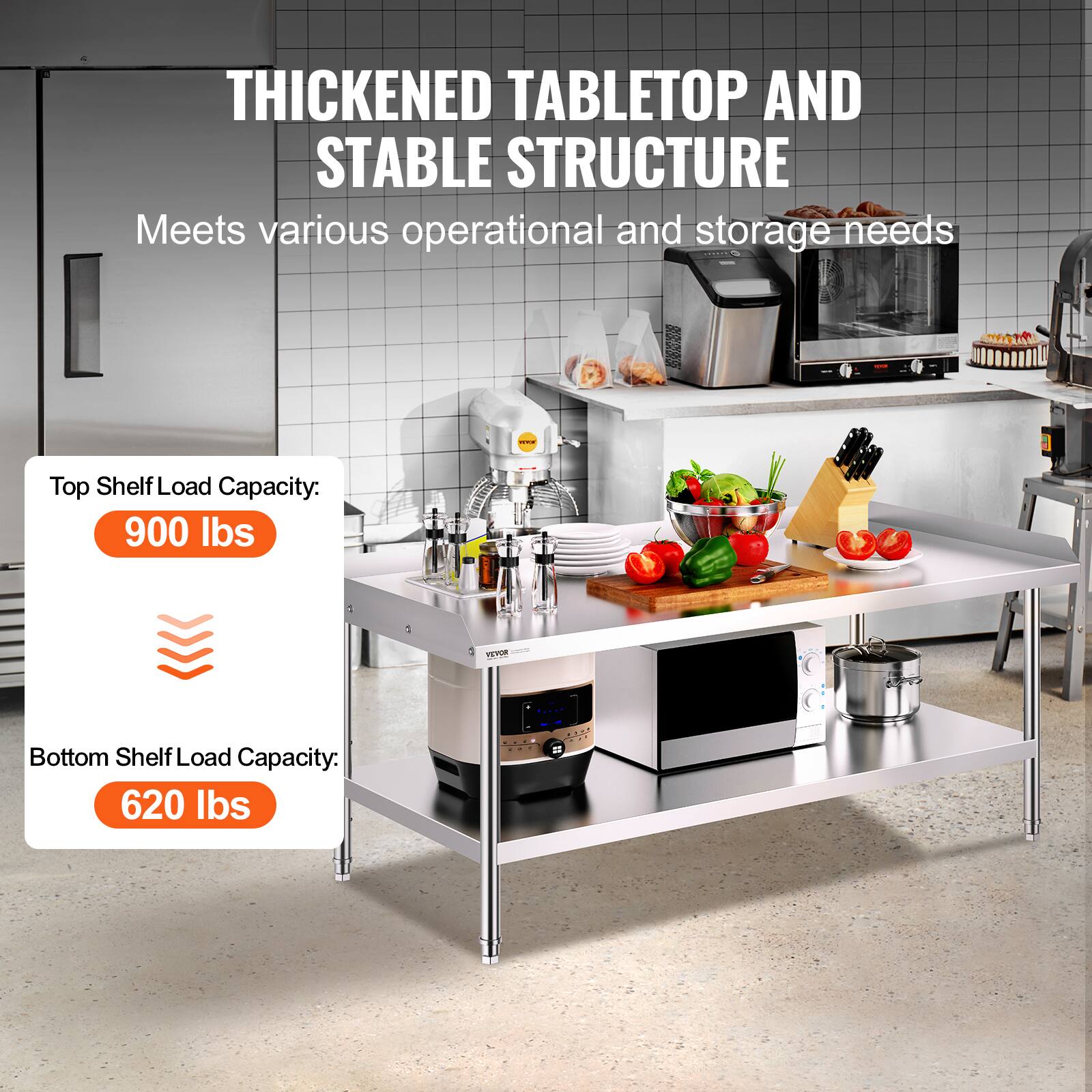 **Thickened Tabletop and Stable Structure**

Meets various operational and storage needs

- **Top Shelf Load Capacity:** 900 lbs
- **Bottom Shelf Load Capacity:** 620 lbs