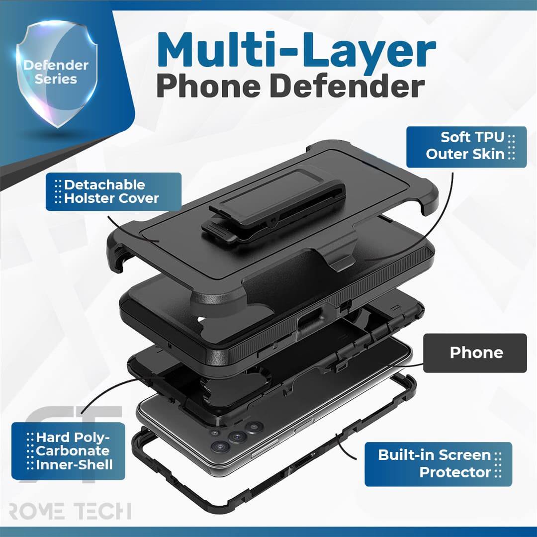 Defender Multi-Layer Series Phone Defender Soft TPU Outer Skin Detachable Holster Cover Phone Hard Poly-Carbonate Inner-Shell Built-in Screen Protector ROME TECH