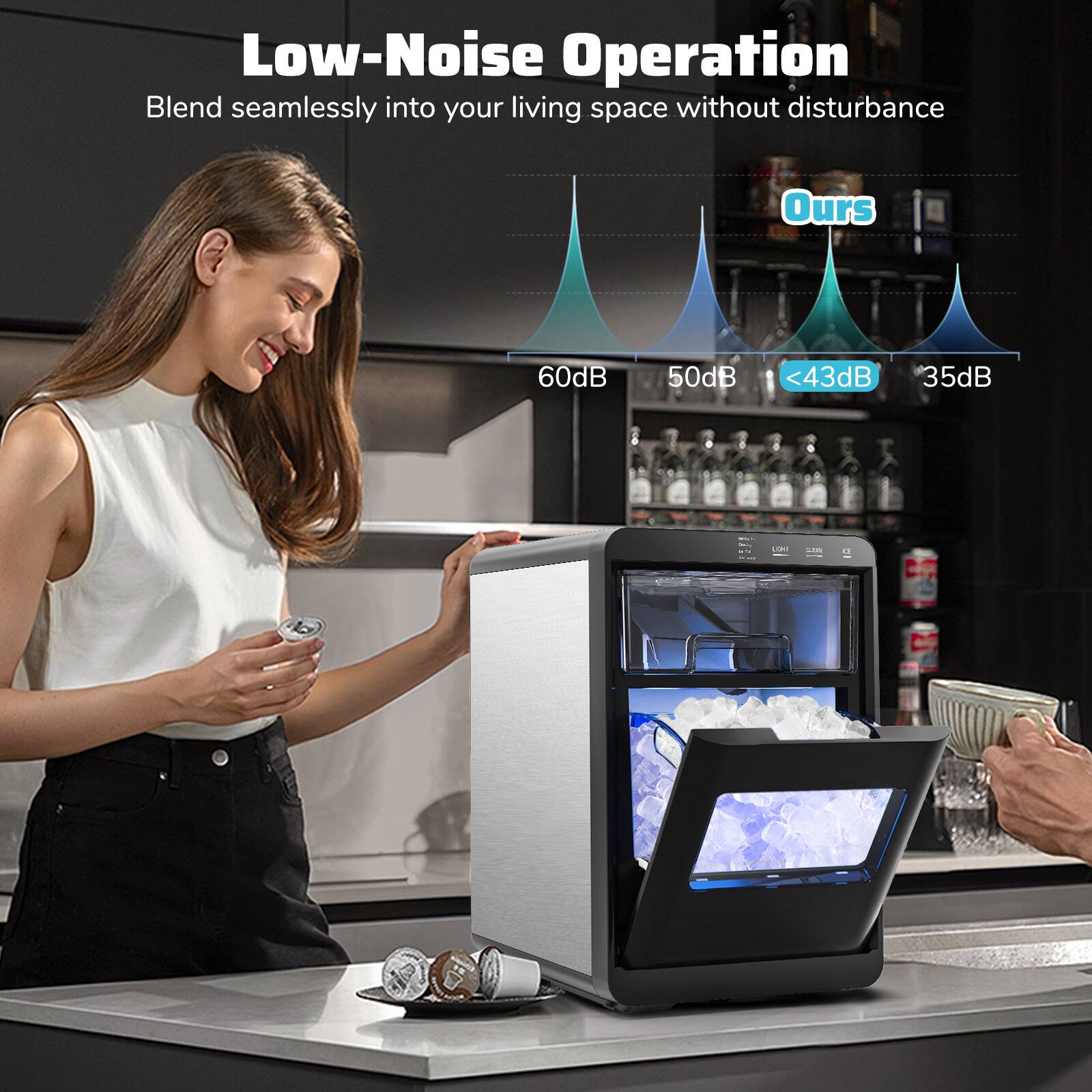 Low-Noise Operation  
Blend seamlessly into your living space without disturbance  

Ours  
60dB  
50dB  
<43dB  
35dB