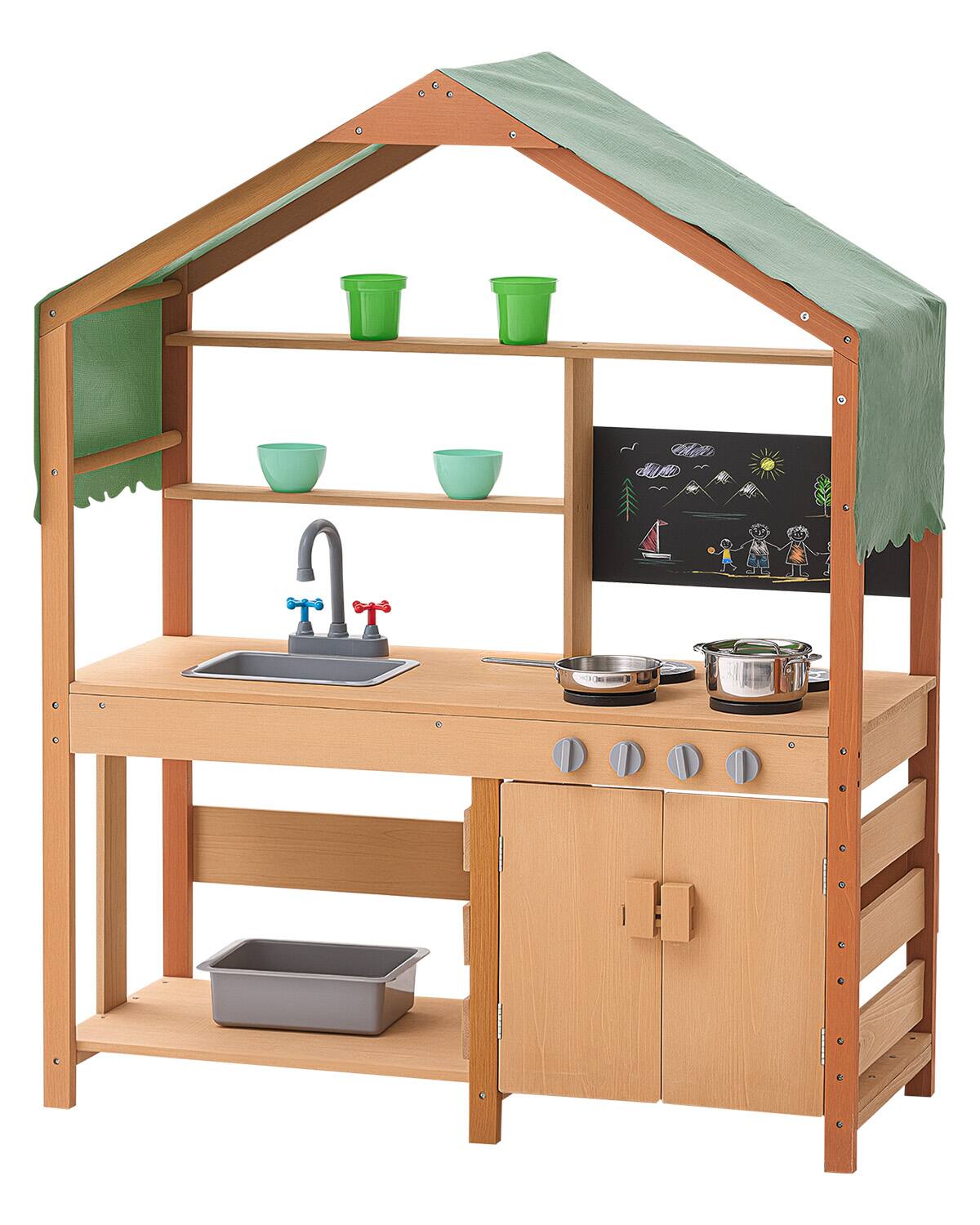 Front. VEVOR - Mud Kitchen for Kids, Wooden Toy Play Kitchen Set with Accessories, Outdoor Toddler Grocery Store Playset - Wooden.