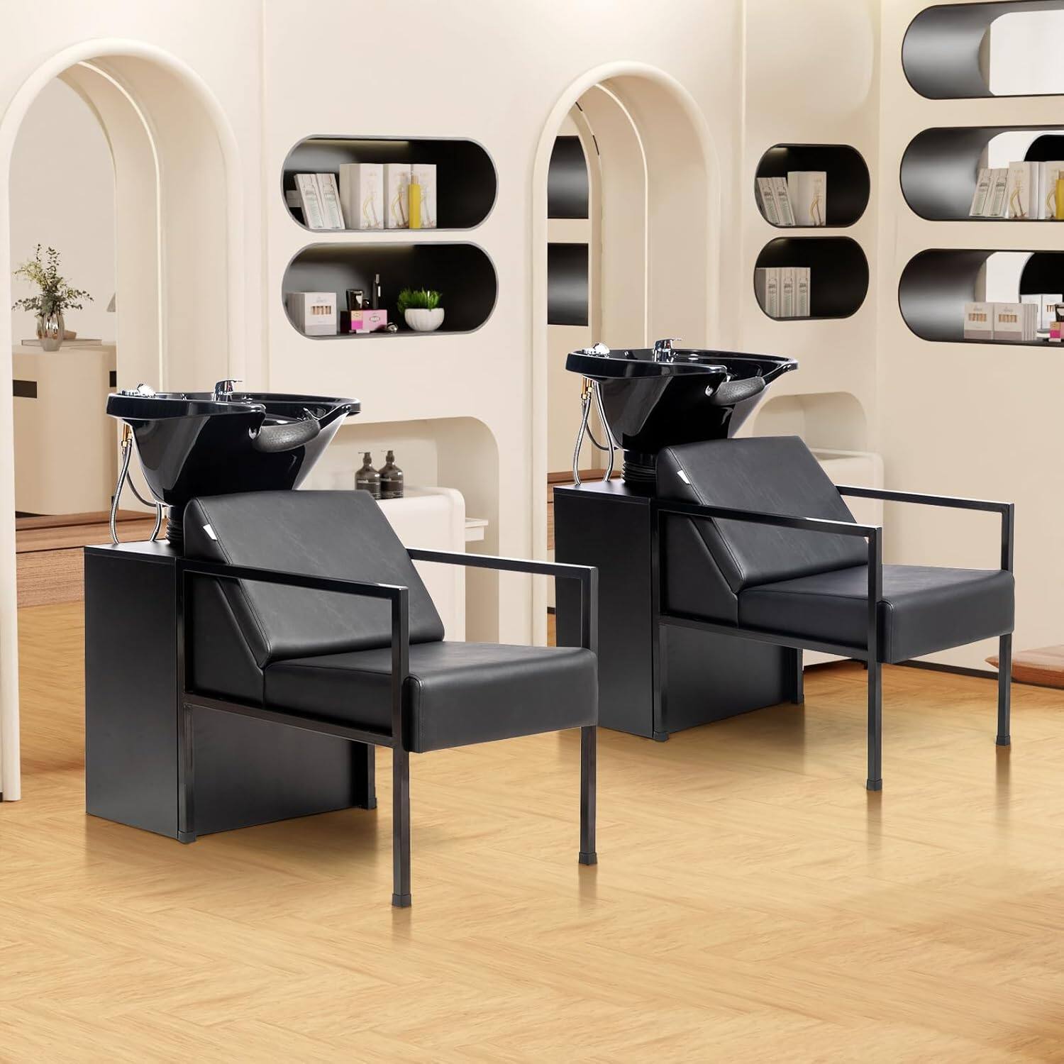 Alt View 4. Winado - Salon Shampoo Chair & Bowl, Barber Backwash Unit with Tilting Sink & Retractable Sprayer & Cabinet & Removable Reck Rest - Black.