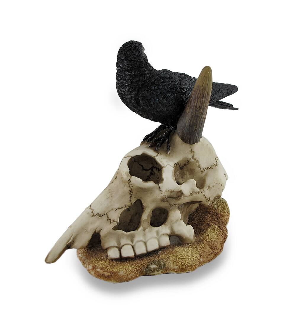 Alt View 1. Veronese Design - Black Crow Perched on Longhorn Skull Sculptural Figurine - Black.