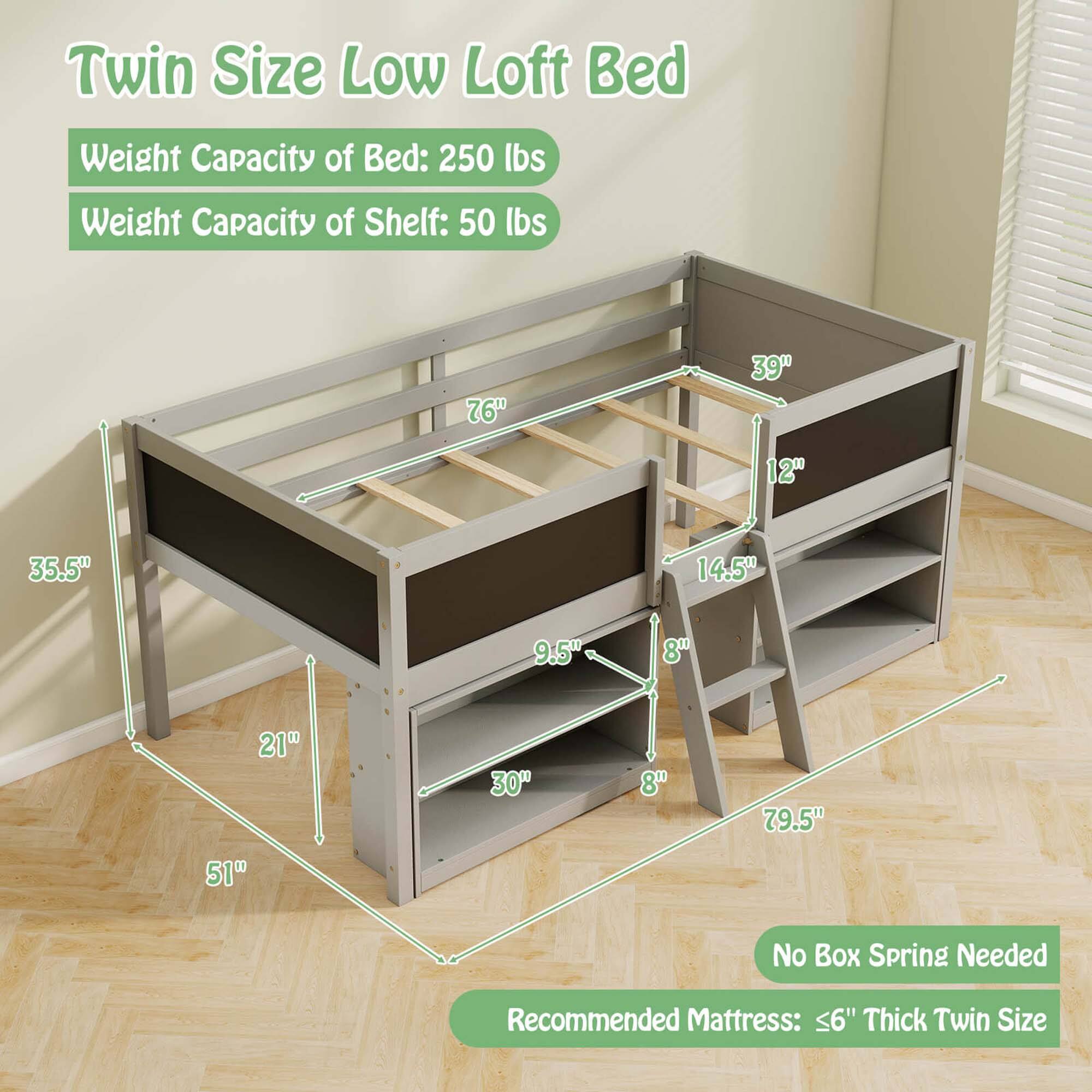 Twin Size Low Loft Bed:

* Weight Capacity of Bed: 250 lbs
* Weight Capacity of Shelf: 50 lbs
* Dimensions: 76" x 39" x 12"
* Recommended Mattress: Twin Size, <6" Thick