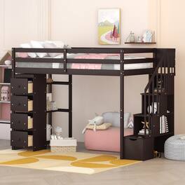 Aukfa - Twin size Loft Bed with Storage Drawers and Stairs, Wooden Loft Bed with Shelves - Espresso