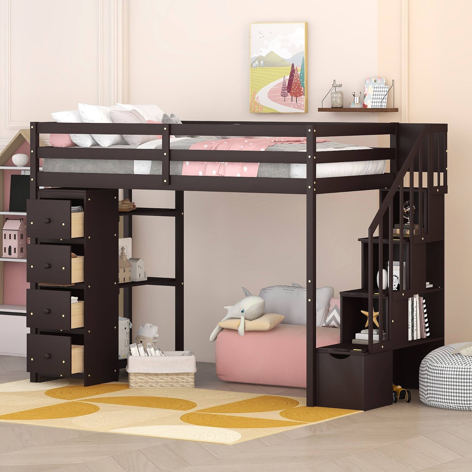 Front. Aukfa - Twin size Loft Bed with Storage Drawers and Stairs, Wooden Loft Bed with Shelves - Espresso.