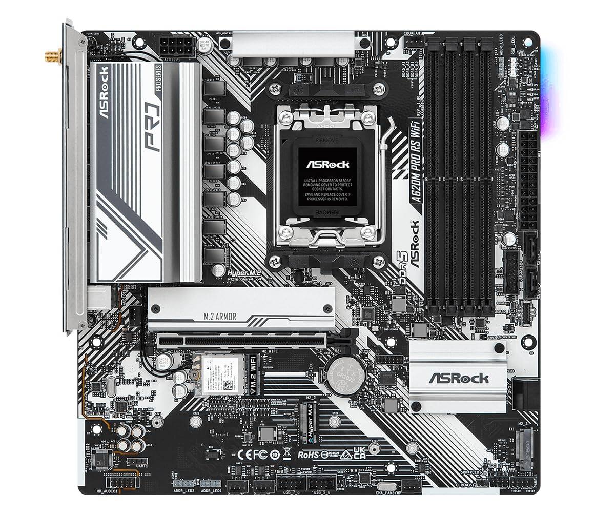 ASRock  
PRO SERIES  
Hyper.M COO POSTO  
AMD ASROCK INSTALE PROCESSOR BEFORE REMOVING COVER. SAVE AND REPLACE COVER. PROCESSOR IS REMOVED REMOVE  
DORS_A WiFi RS PRO A620M ASROCK DDR5  
M.2 ARMOR  
WiFi @M.2  
CR2032  
ASROCK  
W'S Hyper  
RoHS PER  
UK CA  
ADOR_LEOZ  
LEO  
CHA