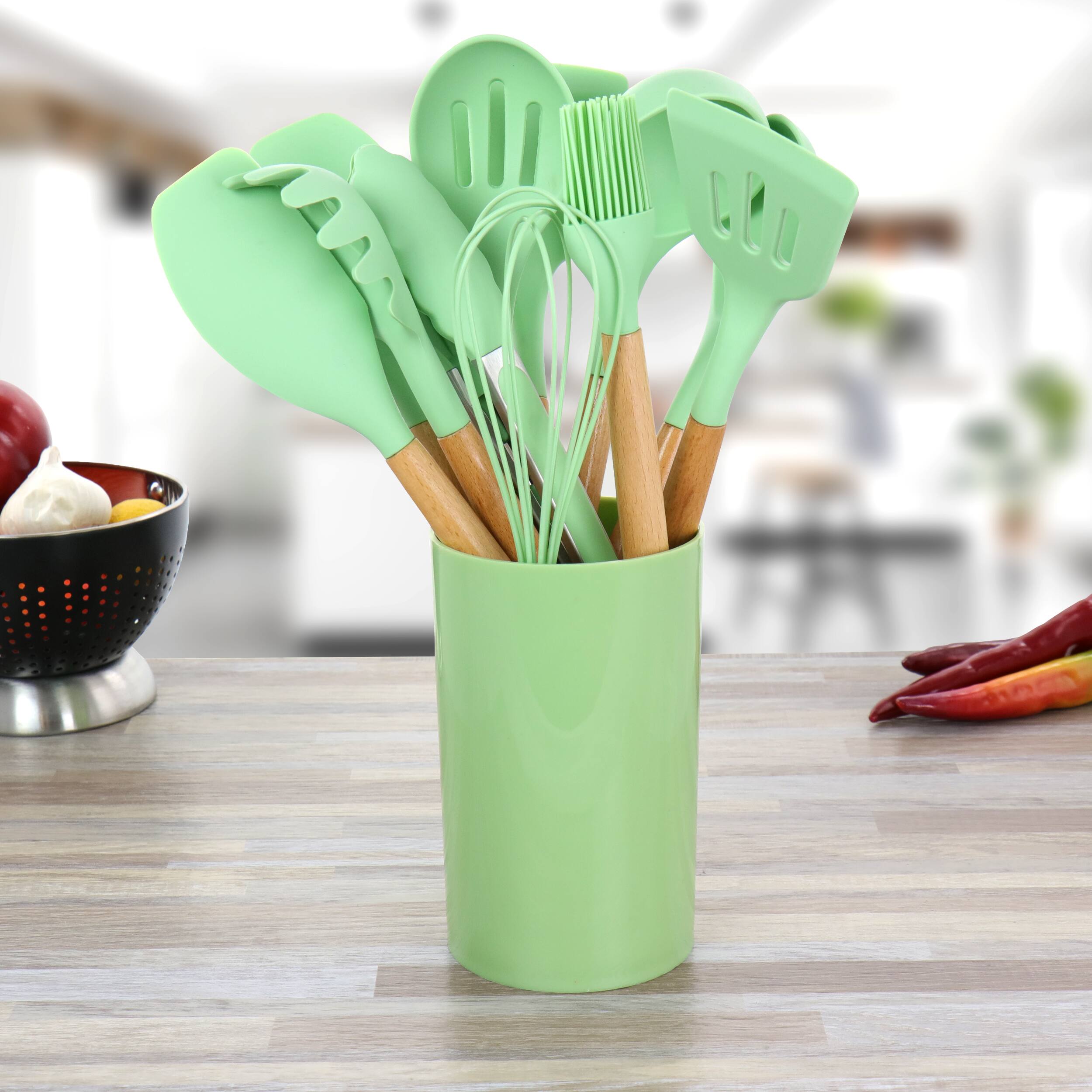 Alt View 6. MegaChef - MegaChef Mint Green Silicone and Wood Cooking Utensils, Set of 12 - Mint Green.