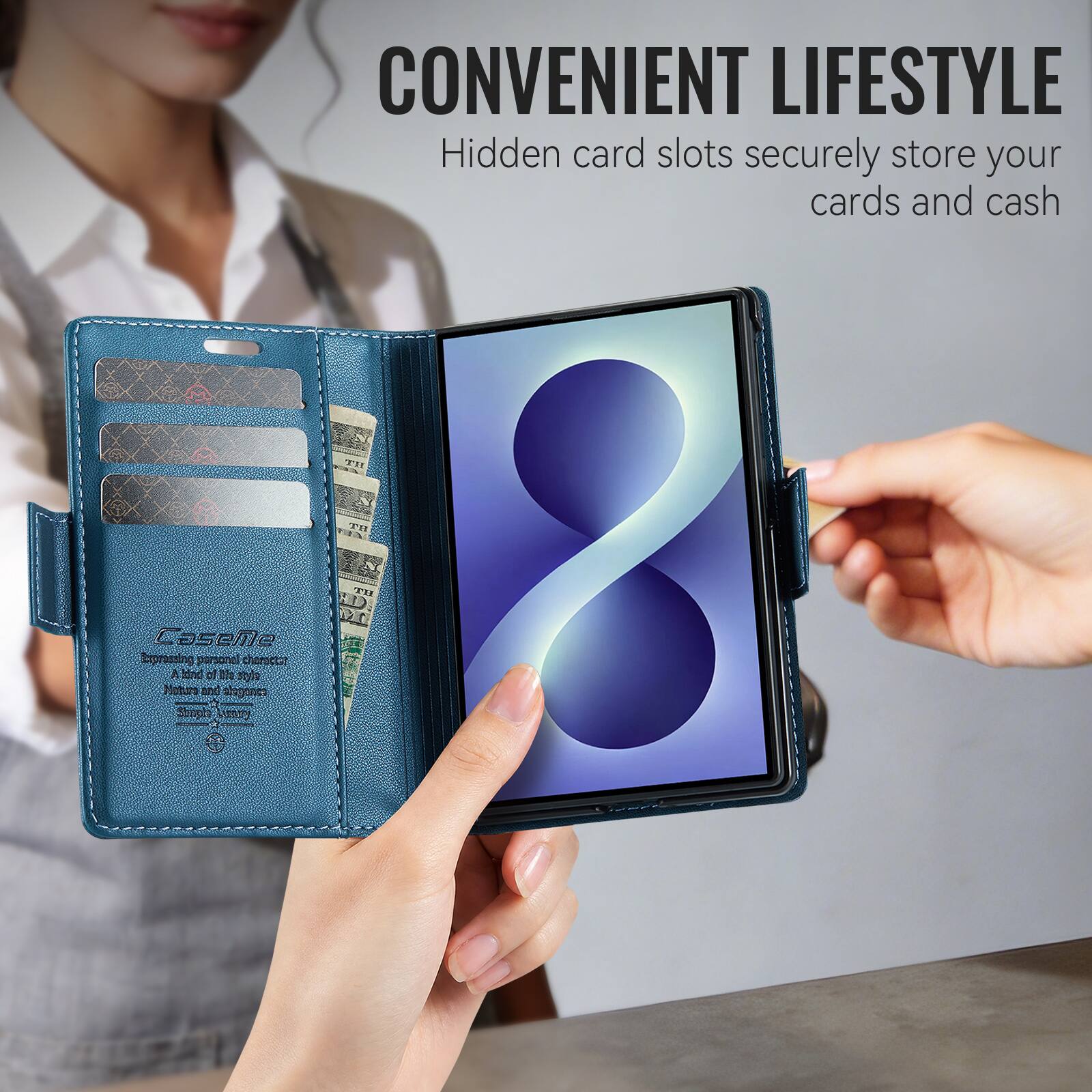 CONVENIENT LIFESTYLE  
Hidden card slots securely store your cards and cash.  

P 8 IPF DT Laseme Inpressing personal character  
A kind of life style  
Nature and elegance  
Stylish wallet