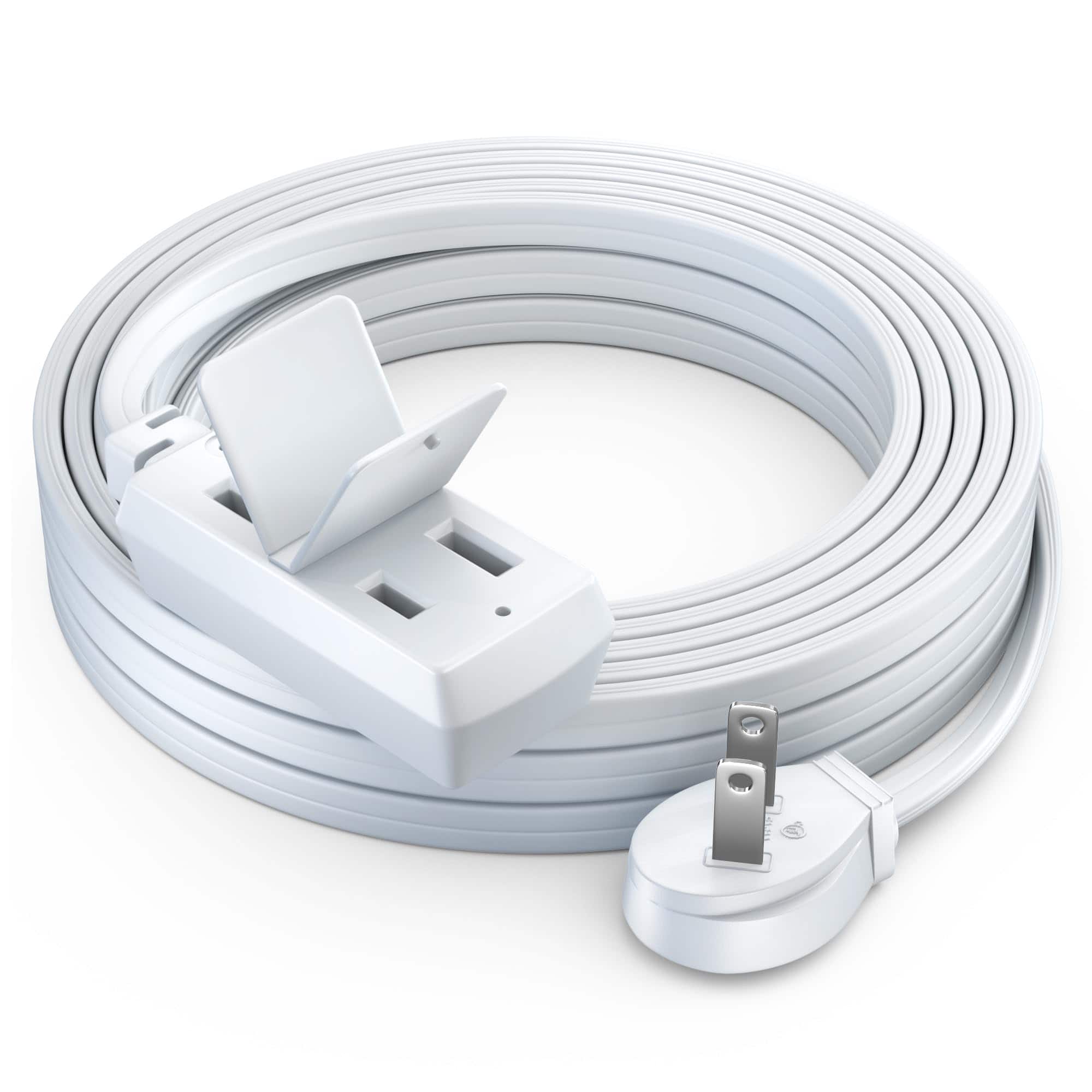 Maximm - 15 ft Flat Plug Extension Cord/Wire, Multi Outlet - Angled Plug Extension Cord with Safety Water Proof Cover - White