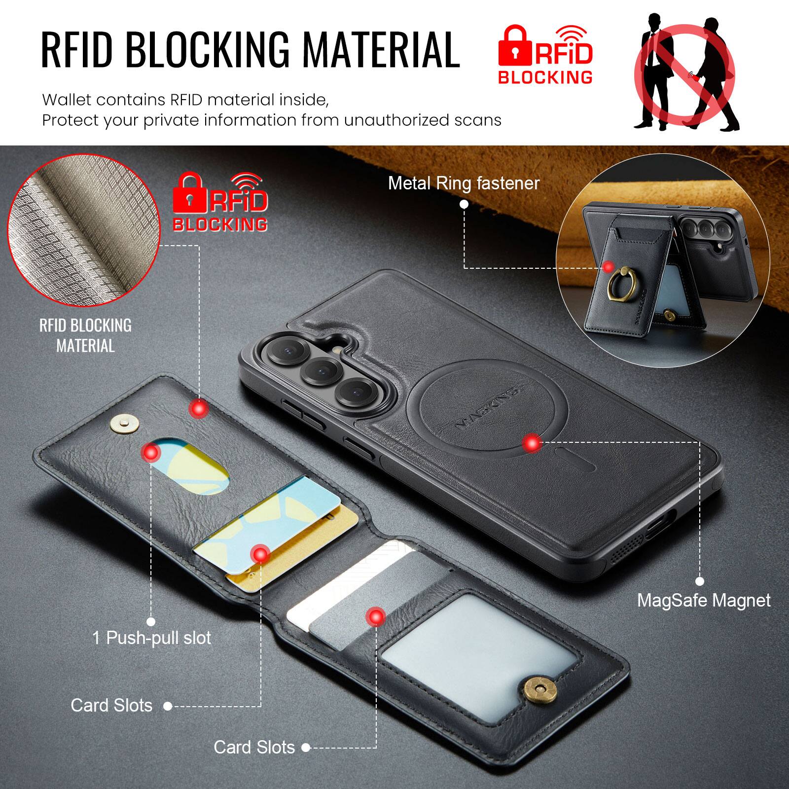 RFID BLOCKING MATERIAL

Wallet contains RFID material inside, Protect your private information from unauthorized scans

RFID BLOCKING MATERIAL

Metal Ring fastener

1 Push-pull slot

Card Slots

Card Slots

MagSafe Magnet