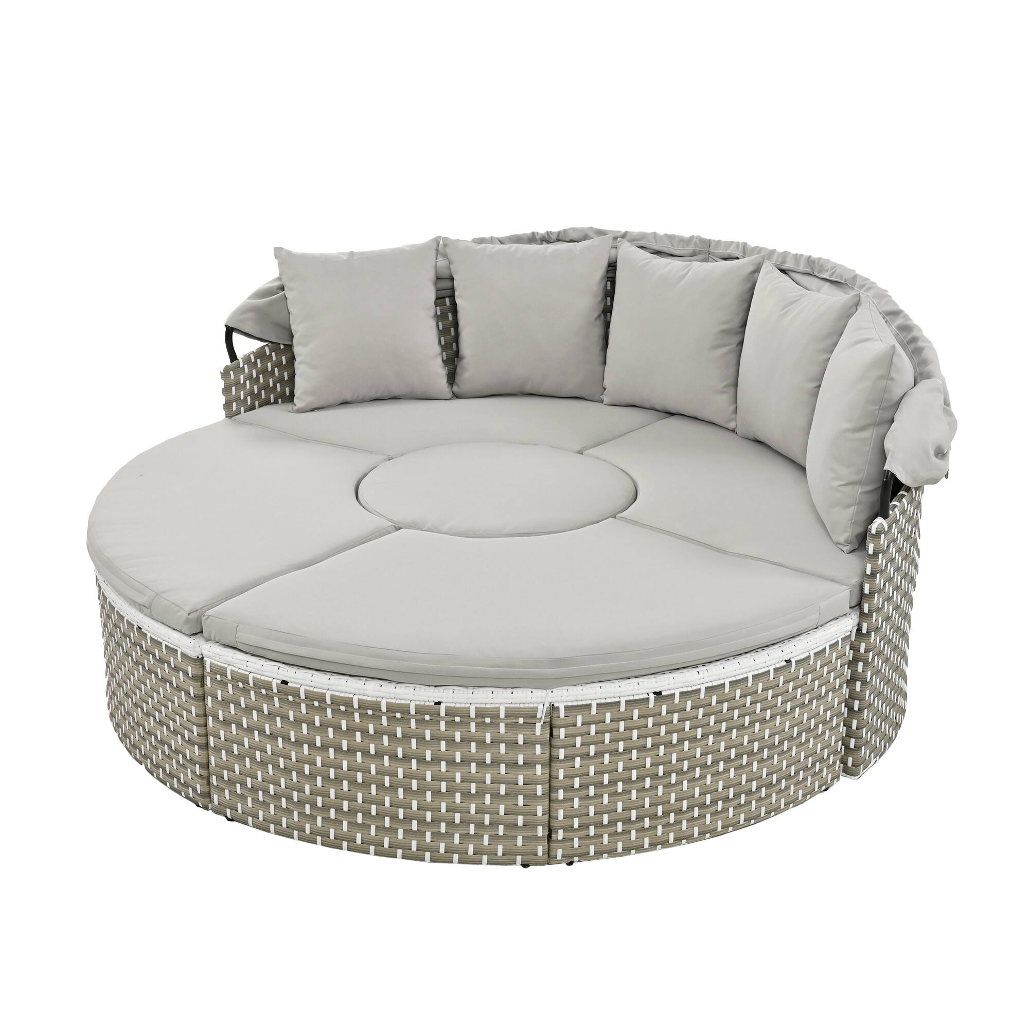 Alt View 8. Tiramisubest - Round Patio Sectional Rattan Daybed w/ Retractable Canopy,Two-Tone Weave,Separate Seating and Removable Cushion, Gray - Gray.