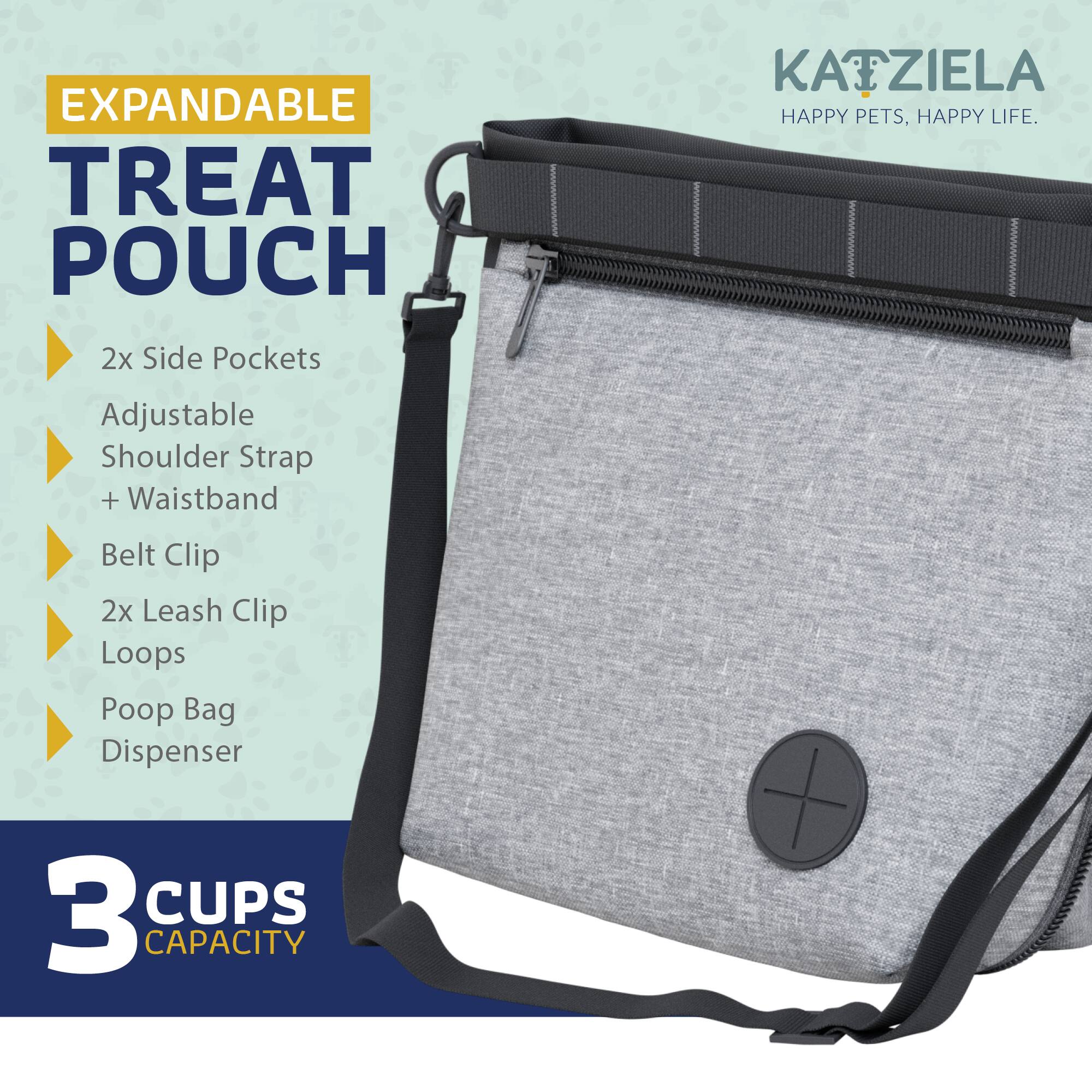 EXPANDABLE TREAT POUCH  
KATZIELA  
HAPPY PETS, HAPPY LIFE.  

- 2x Side Pockets  
- Adjustable Shoulder Strap + Waistband  
- Belt Clip  
- 2x Leash Clip Loops  
- Poop Bag Dispenser  

3 CUPS CAPACITY