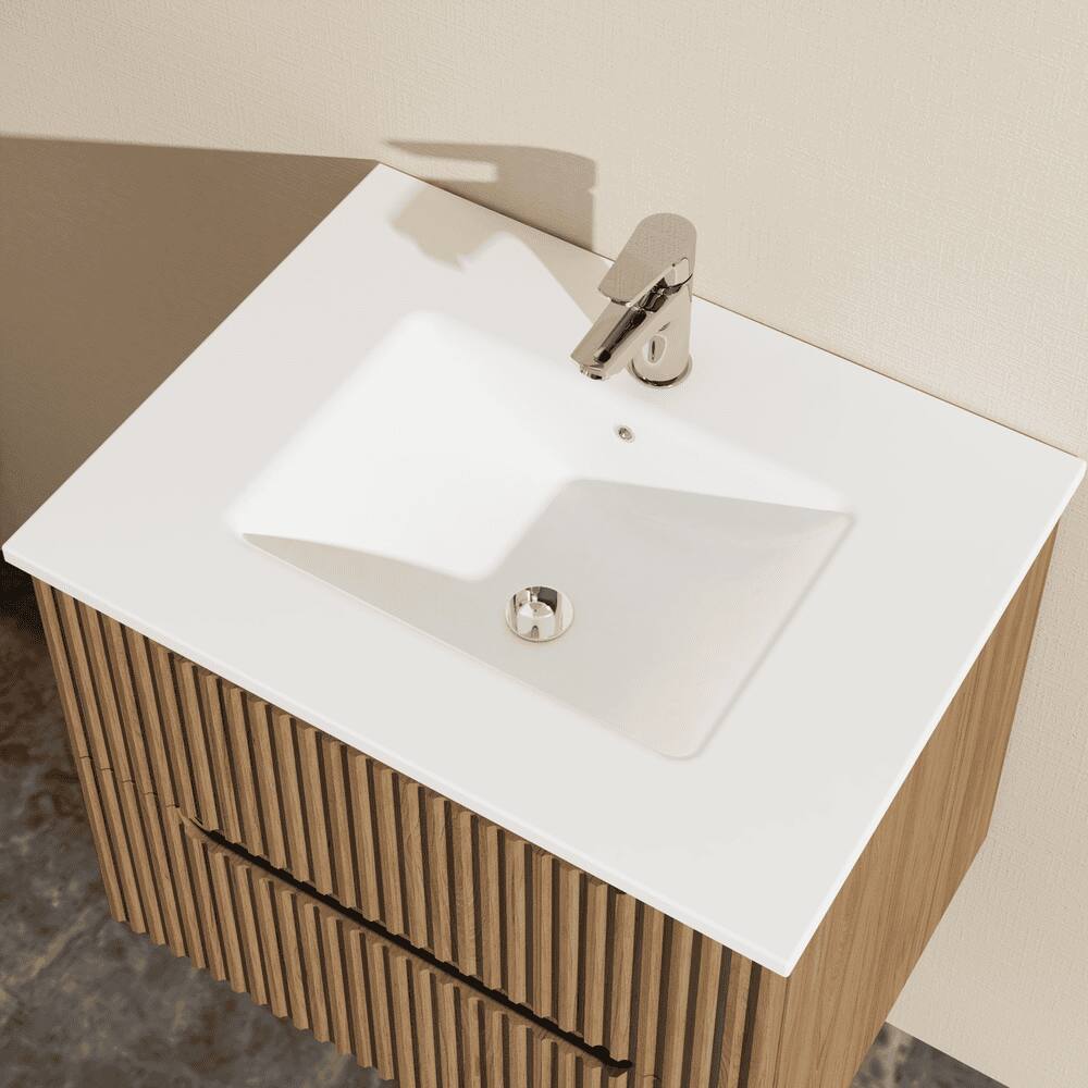 Front. Kadyn - 24" Wall-Mount Floating Bathroom Vanity Cabinet - White Basin Sink Combo, Walnut - Brown.