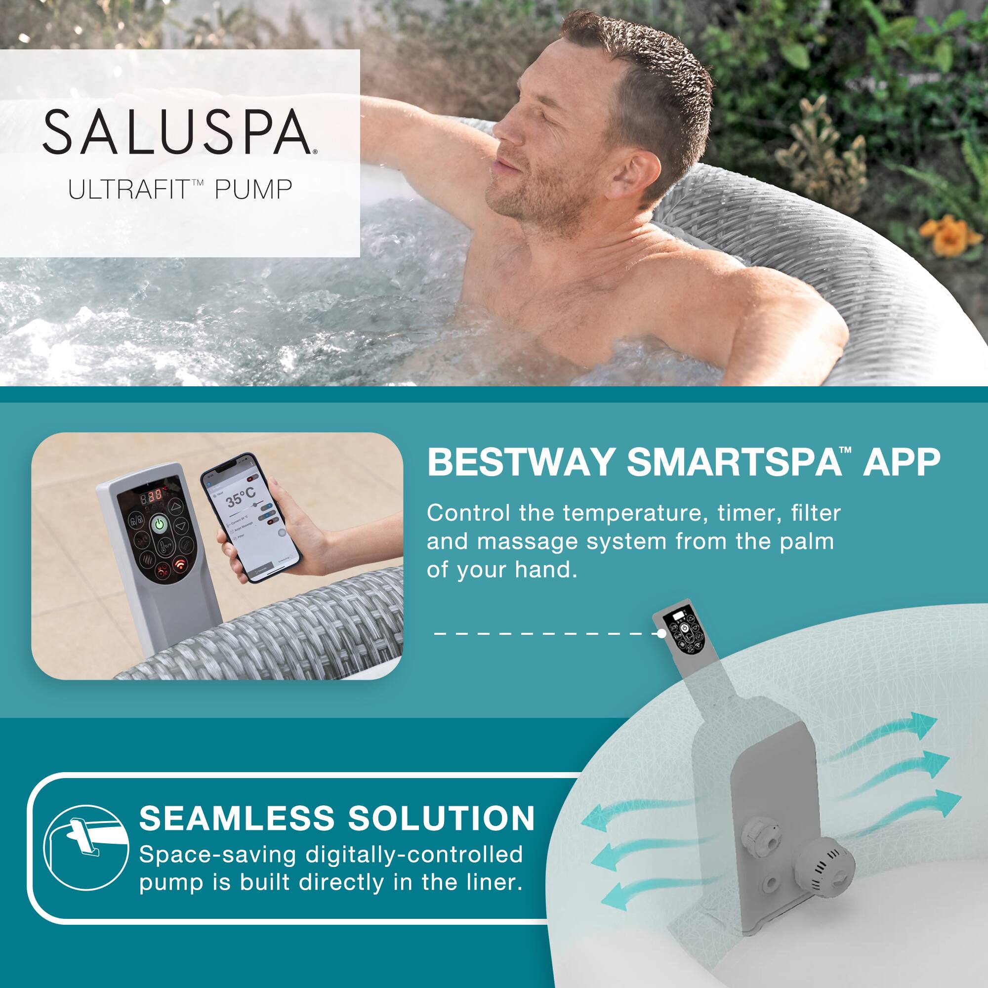SALUSPA  
ULTRAFIT™ PUMP

BESTWAY SMARTSPA™ APP  
Control the temperature, timer, filter and massage system from the palm of your hand.

SEAMLESS SOLUTION  
Space-saving digitally-controlled pump is built directly in the liner.
