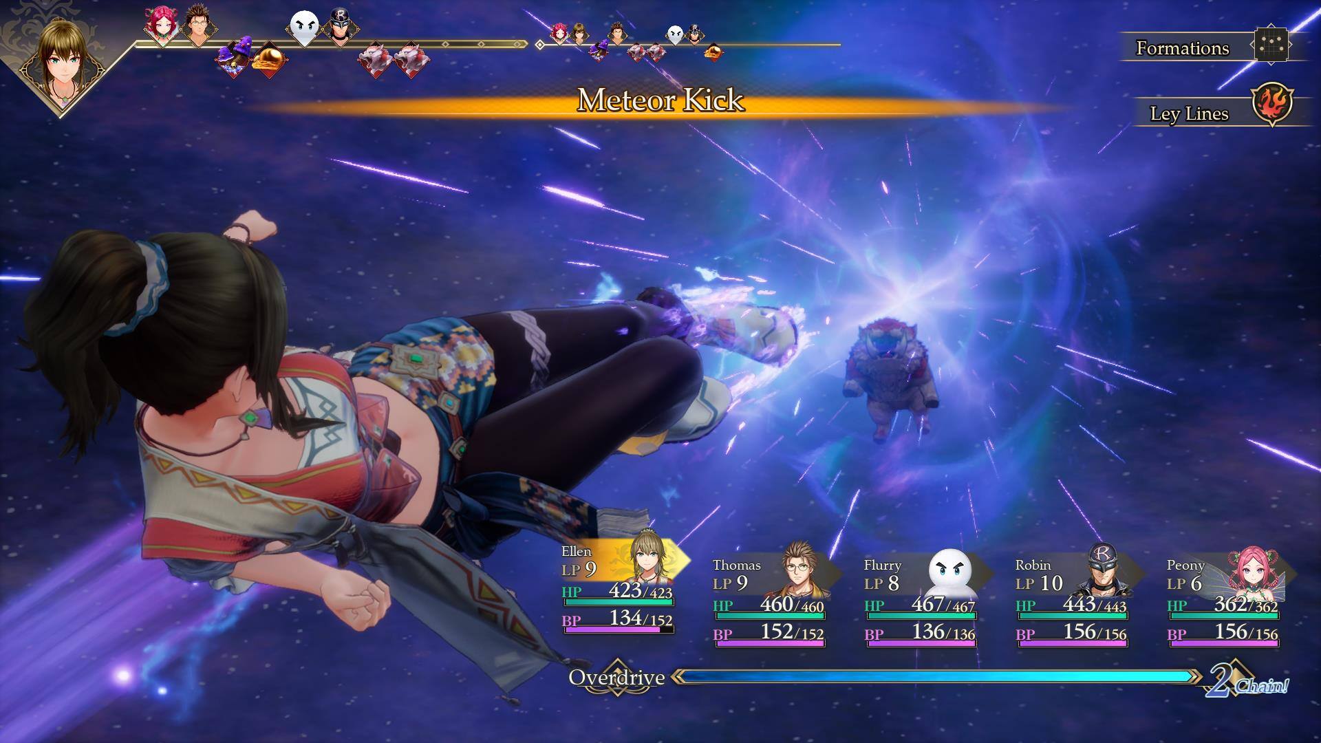 Formations  
Meteor Kick  
Ley Lines  

Ellen LP 9 HP 423/423 BP 134/152 Overdrive  
Thomas LP 9 HP 460/460 BP 152/152  
Flurry LP 8 HP 467/467 BP 136/136  
K Robin LP 10 HP 443/443 BP 156/156  
Peony LP 6 HP 362/362 BP 156/156  

2.Chain!