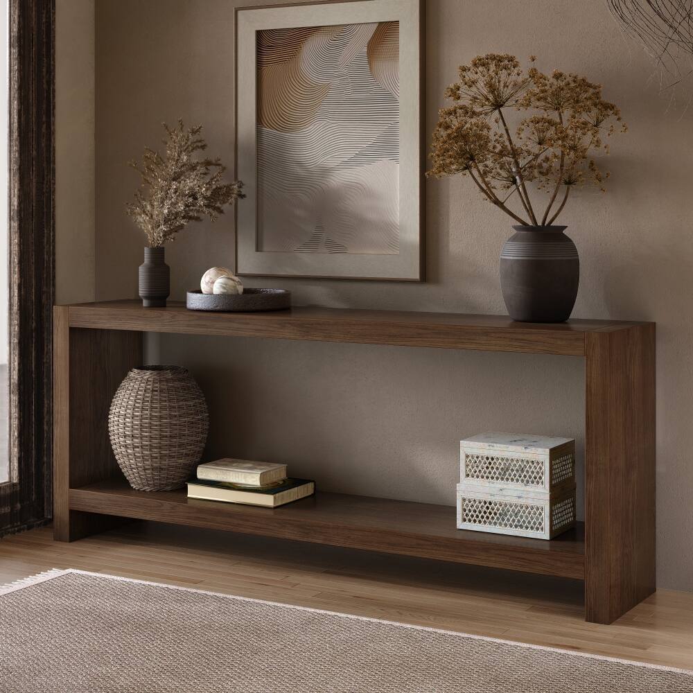 Alt View 1. Loheer - Loheer 63 inch farmhouse console table, 2 tier rustic entryway table, vintage sofa table for behind couch - Rustic Brown.