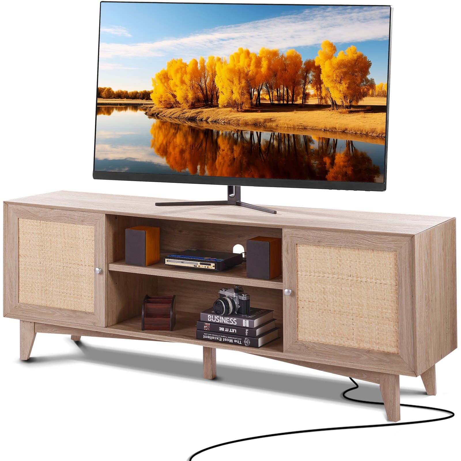 Glintex - Rattan TV Stand for 75" TVs, Boho Entertainment Console with Rattan Doors, Built-in Socket, Adjustable Storage Shelves - Oak