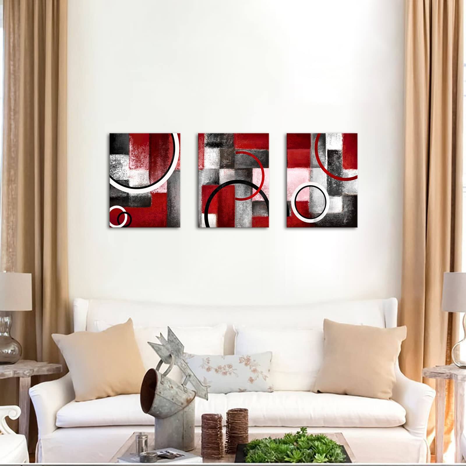 Alt View 3. Hirose Alice - Visual Art Decor Abstract Geometric Circle Canvas Wall Art Rustic Burgundy Red Prints Artwork for Living Room - Red.