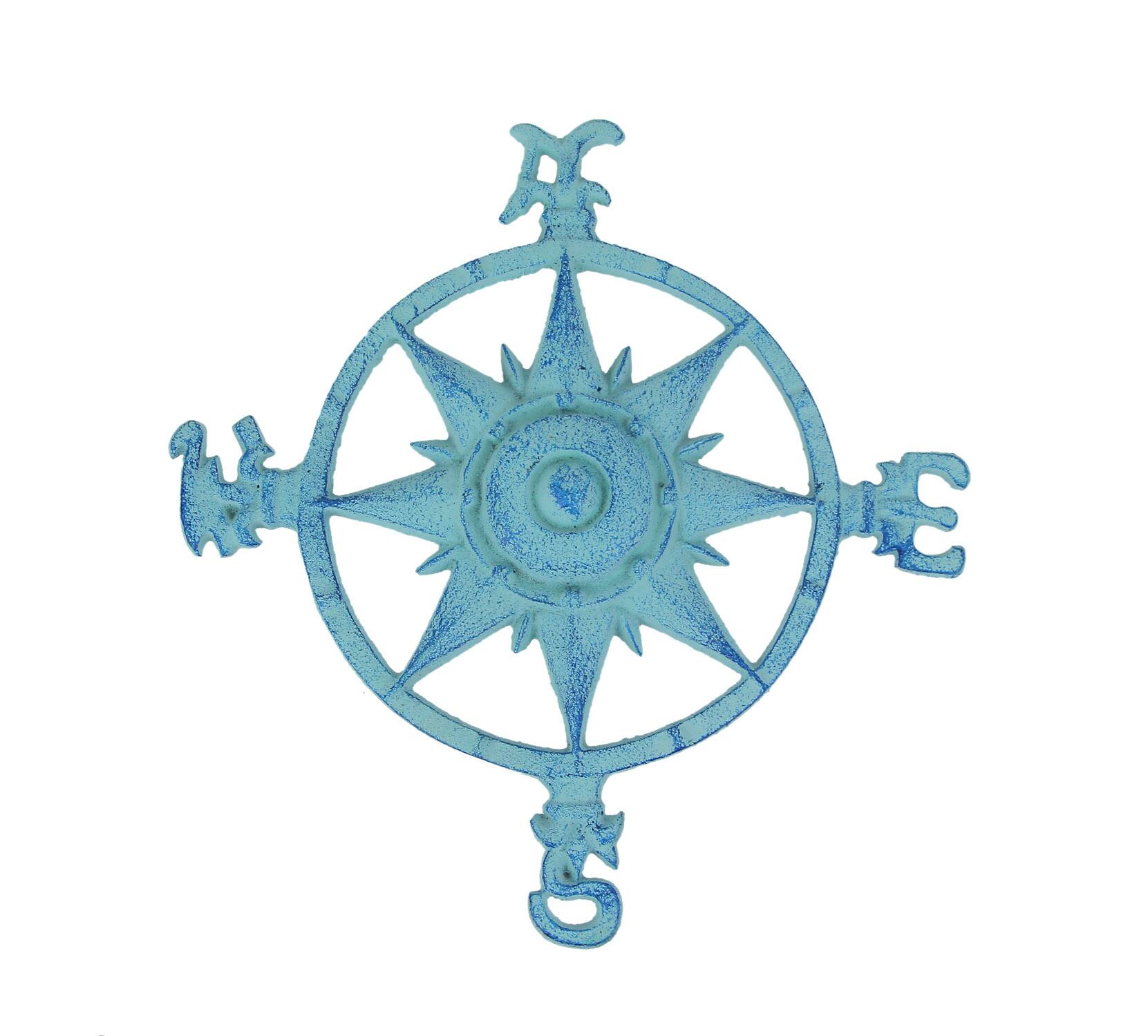 Front. Zeckos - Weathered Blue Cast Iron Nautical Compass Rose Wall Hanging - Blue.