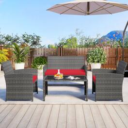 Mondawe - 25 x 22 x 31 IN Freestanding Patio Conversation Set with Loveseat, 2 Chairs & Table 4-Piece - Mix Gray+Red