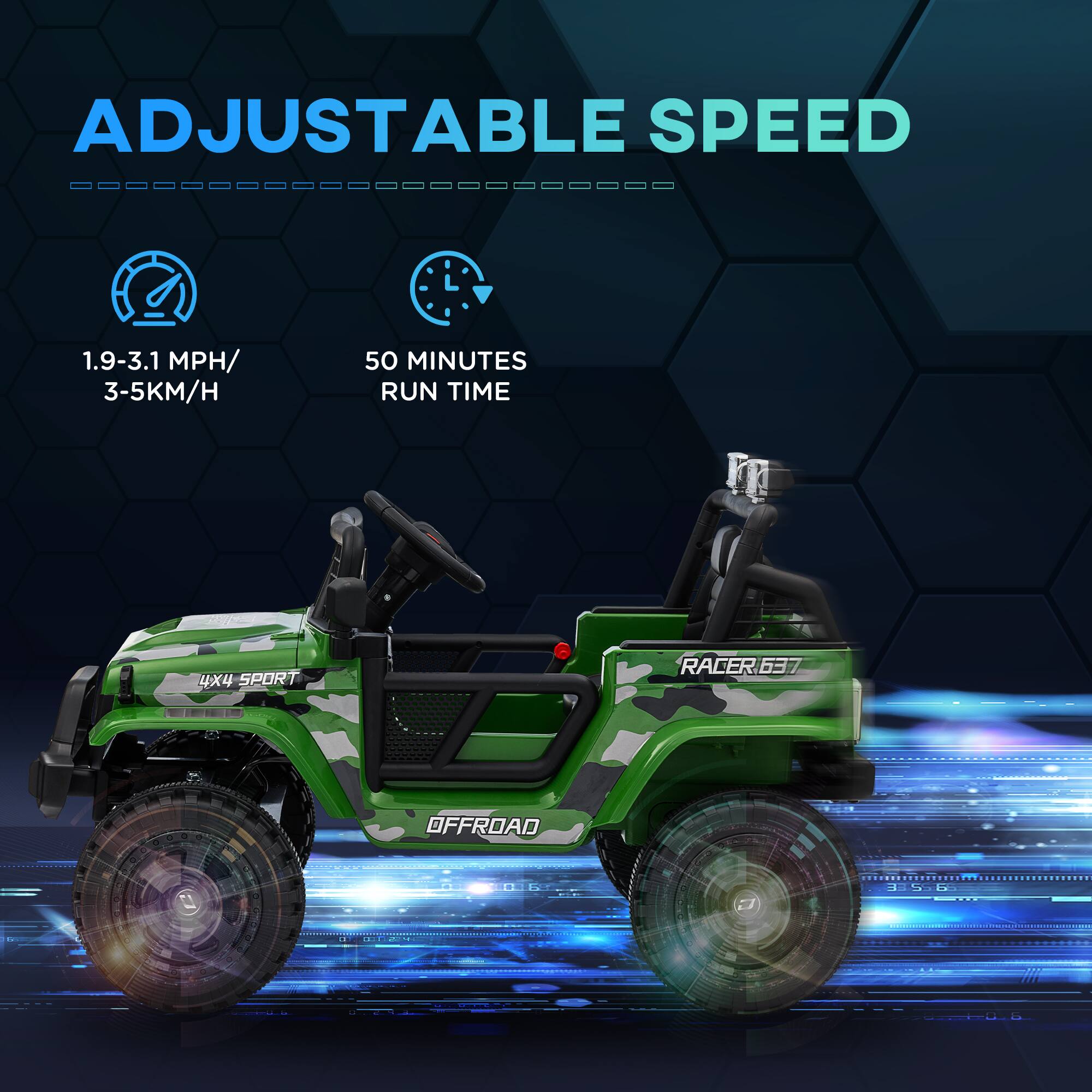 ADJUSTABLE SPEED

1.9-3.1 MPH / 3-5 KM/H

50 MINUTES RUN TIME

4X4 SPORT RACER 637 OFFROAD