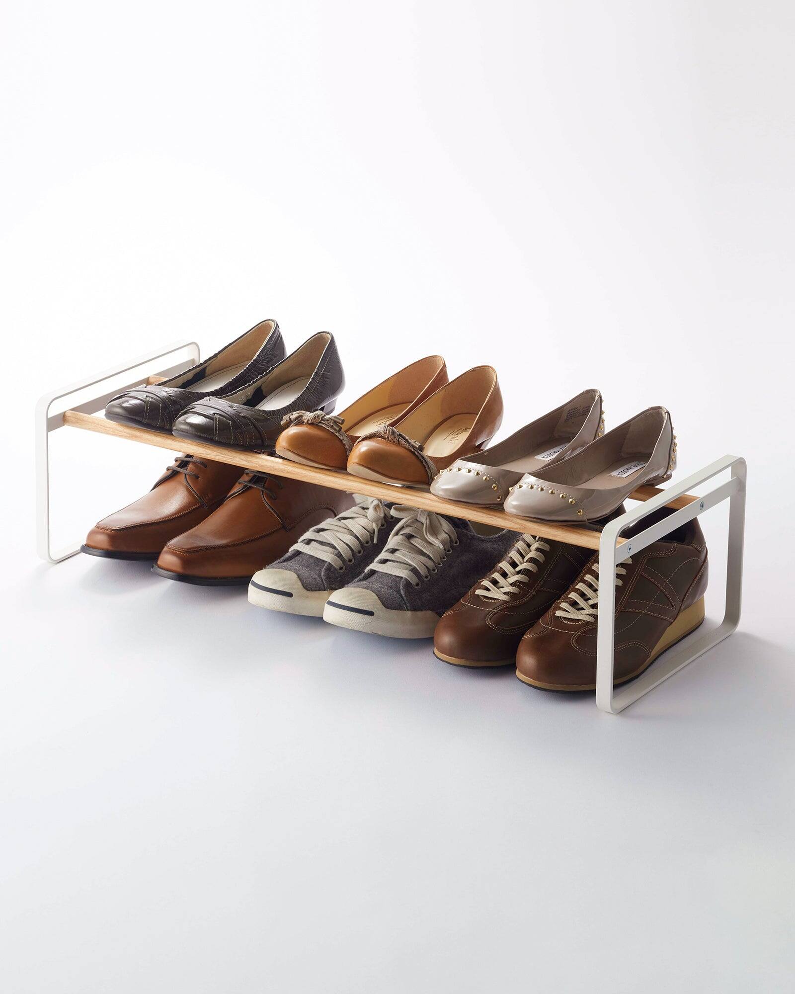 Angle. Yamazaki Home - Stackable Shoe Rack (7" H)  - Steel + Wood - White.