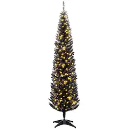PULUZ - 7ft Pencil Christmas Tree, Slim Artificial Christmas Tree with Realistic Branches and Warm White LED Lights - Black