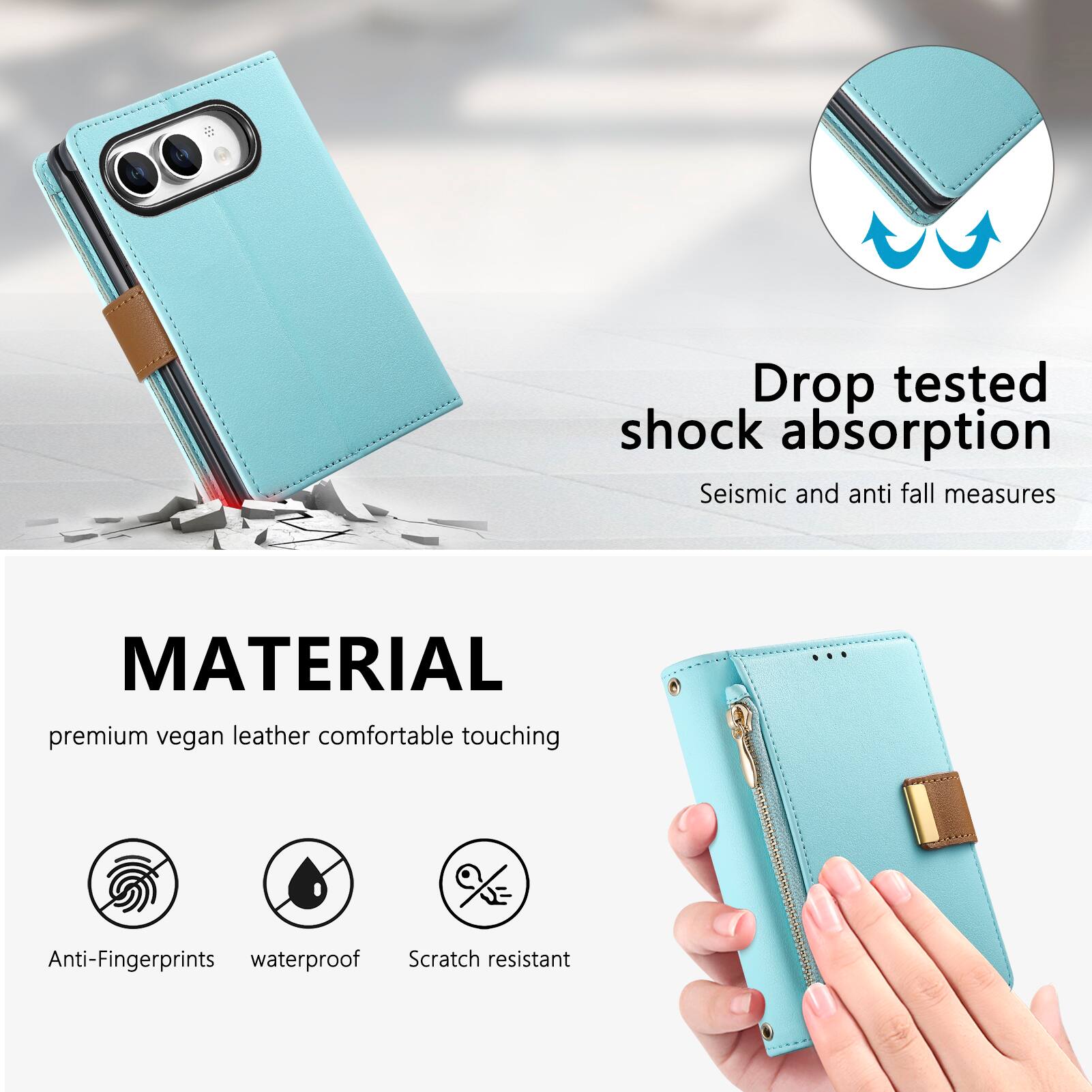 Drop tested shock absorption  
Seismic and anti fall measures  

MATERIAL  
premium vegan leather comfortable touching  

Anti-Fingerprints  
waterproof  
Scratch resistant