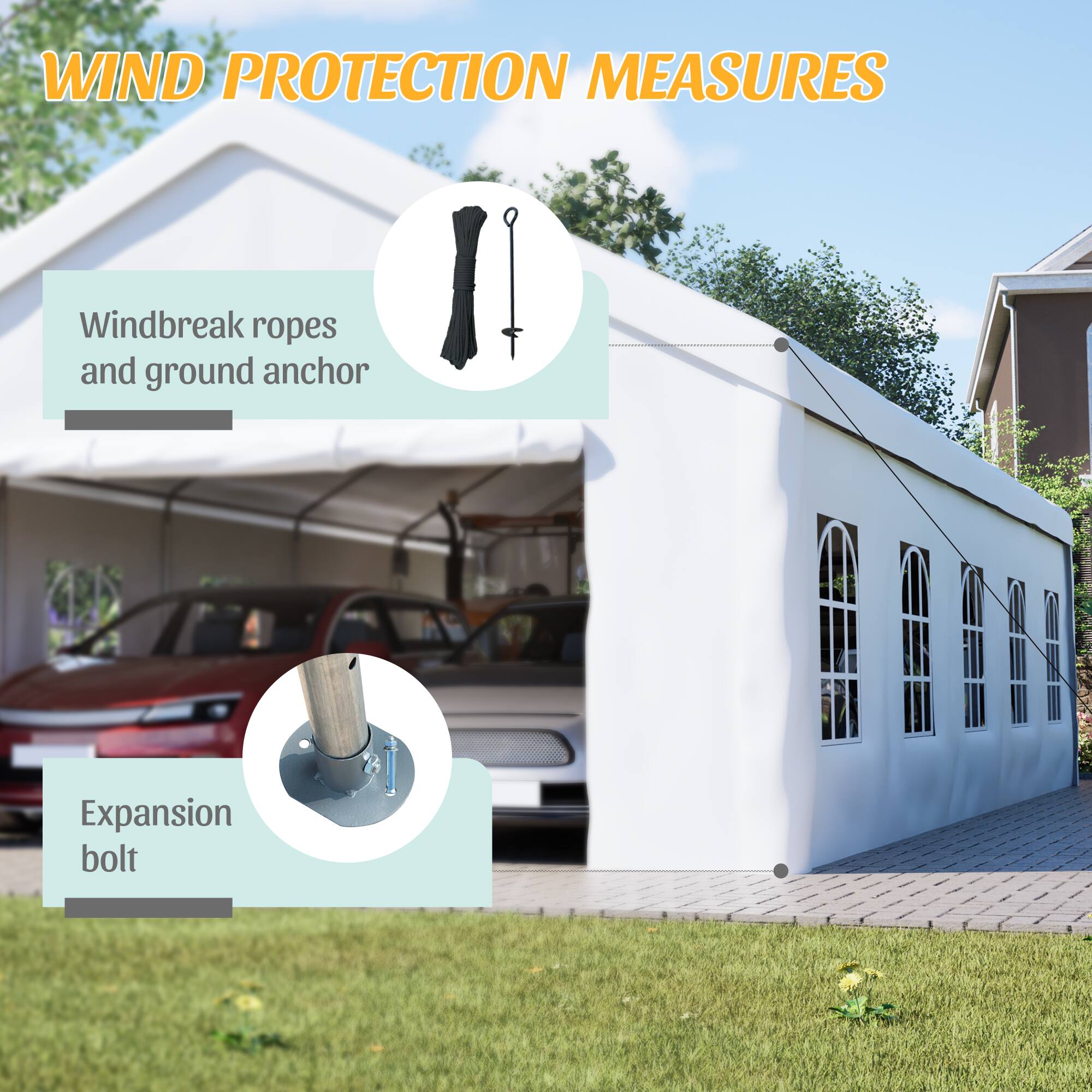 WIND PROTECTION MEASURES

- Windbreak ropes and ground anchor
- Expansion bolt
