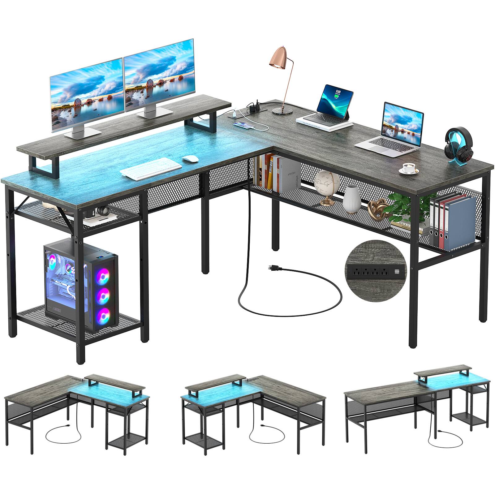 Alt View 1. Aheaplus - 55.5'' Reversible L-Shaped Computer Desk with Power Outlets and LED Lights, Gaming Table with CPU Stand & Monitor Stand - Gray Oak.