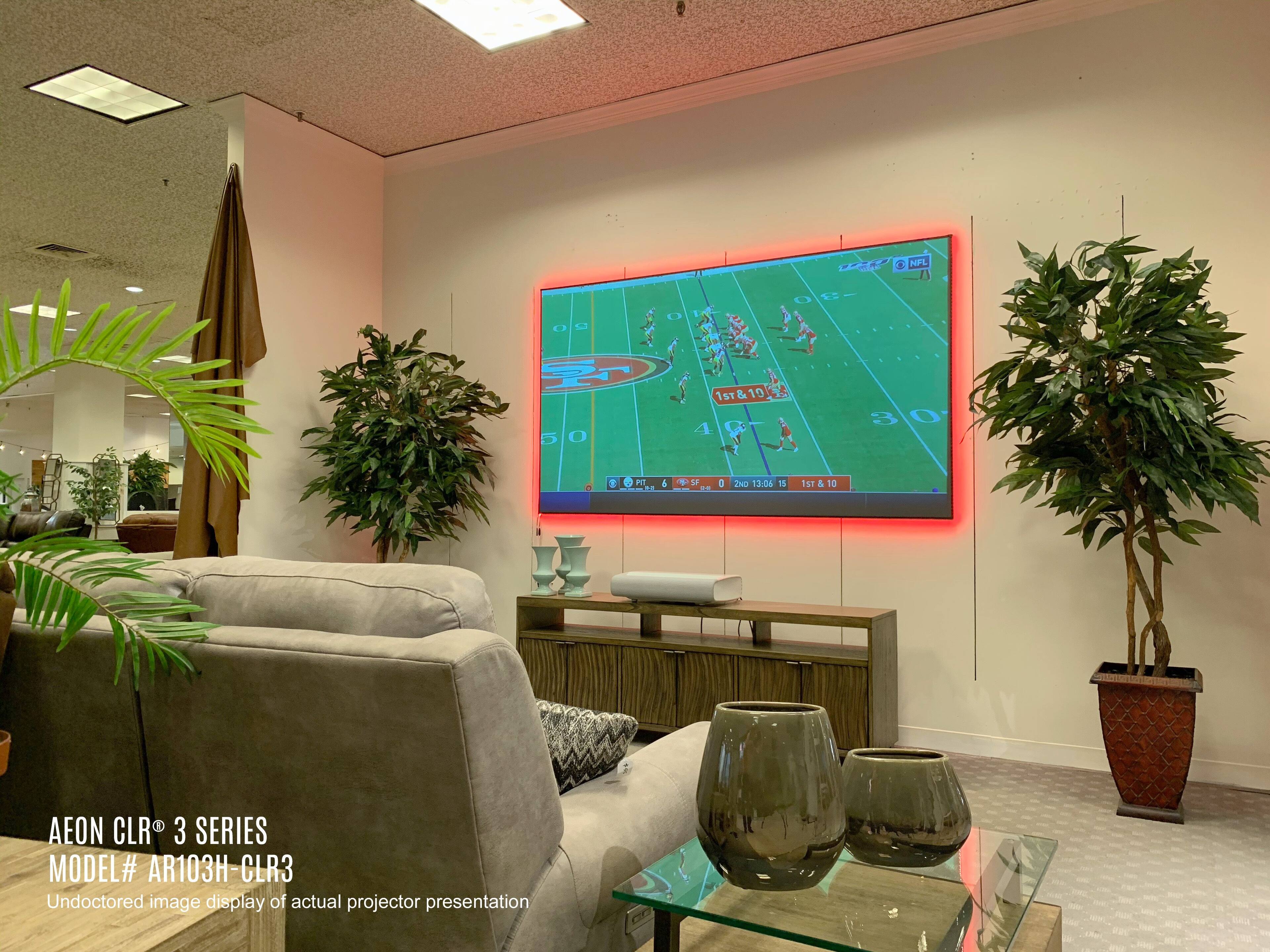 Sure, here is the corrected and grouped text from the image:
---
**AEON CLR® 3 SERIES**
**MODEL# AR103H-CLR3**
Undoctored image display of actual projector presentation
---
**NFL**
**1ST & 10**
**1ST & 4**
**1ST & 13**
**PIT**
**SF**
**0-6**
**0-0**
**0-0**
**12:06**
**15**
**1ST & 10**
**13:06:15**
**1ST & 10**