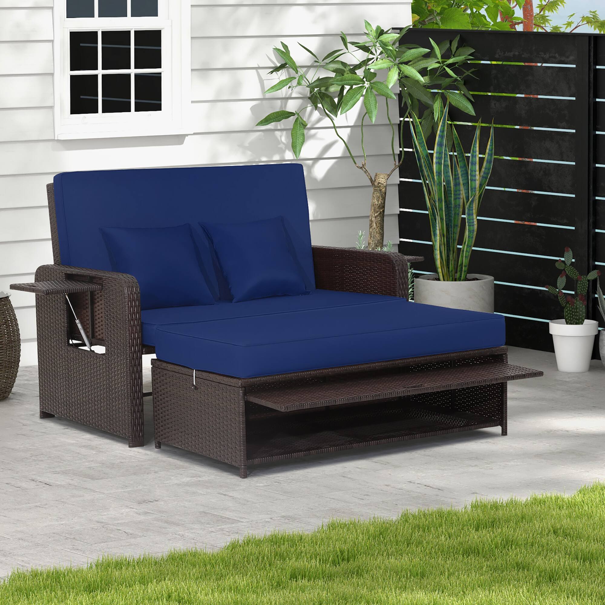 Alt View 1. Costway - Patio Rattan Loveseat Set Daybed Lounge Storage Ottoman Side Tables Adjust - Navy.