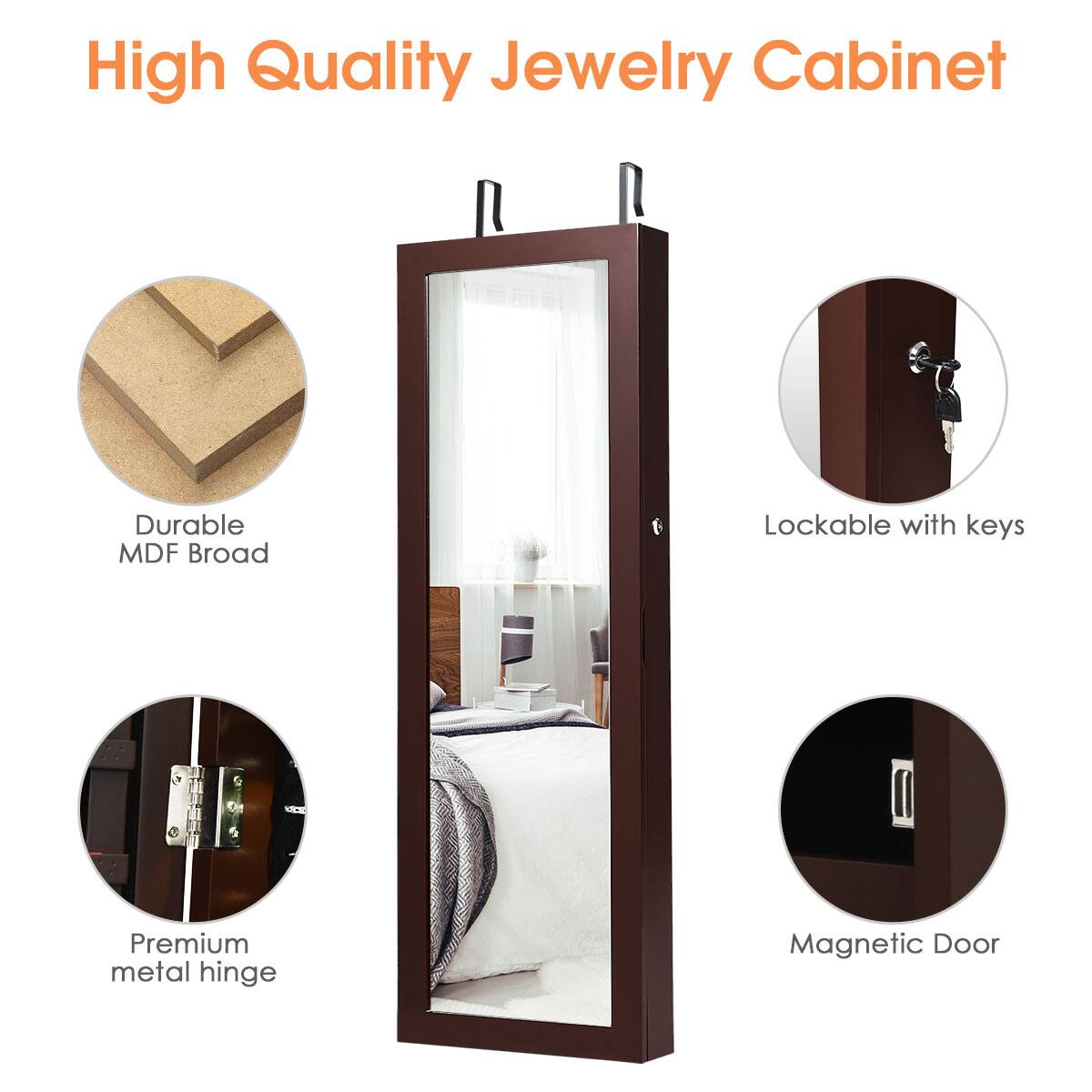 High Quality Jewelry Cabinet: Durable MDF Broad Lockable with keys - Premium metal hinge - Magnetic Door